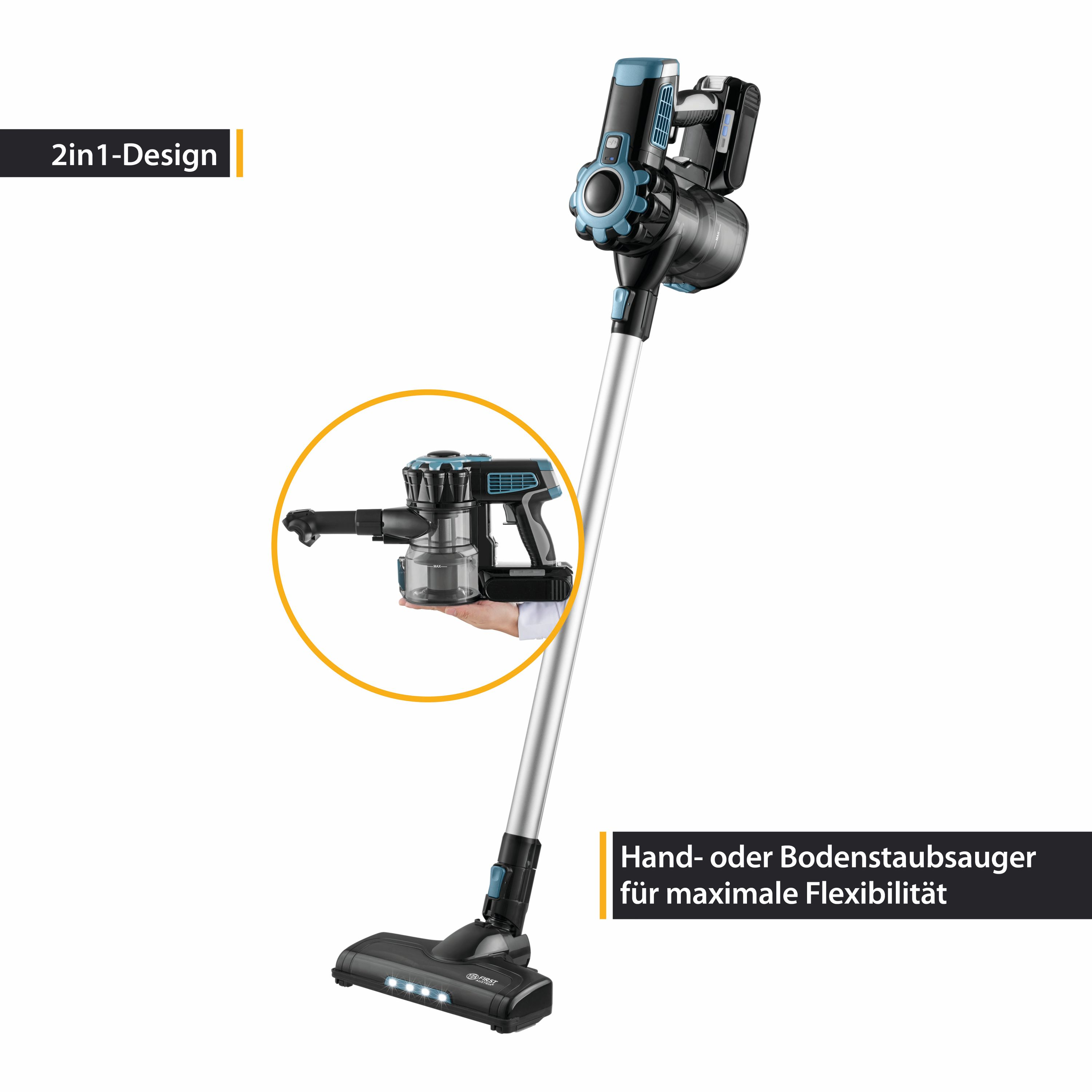 Ein 2-in-1-Design-Staubsauger, der Hauptkörper ist schwarz und blau.