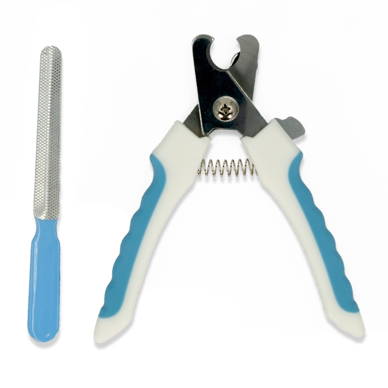 Tiernagelknipser mit Feile. Zangen haben blau-weiße Griffe und eine Metallklinge.
