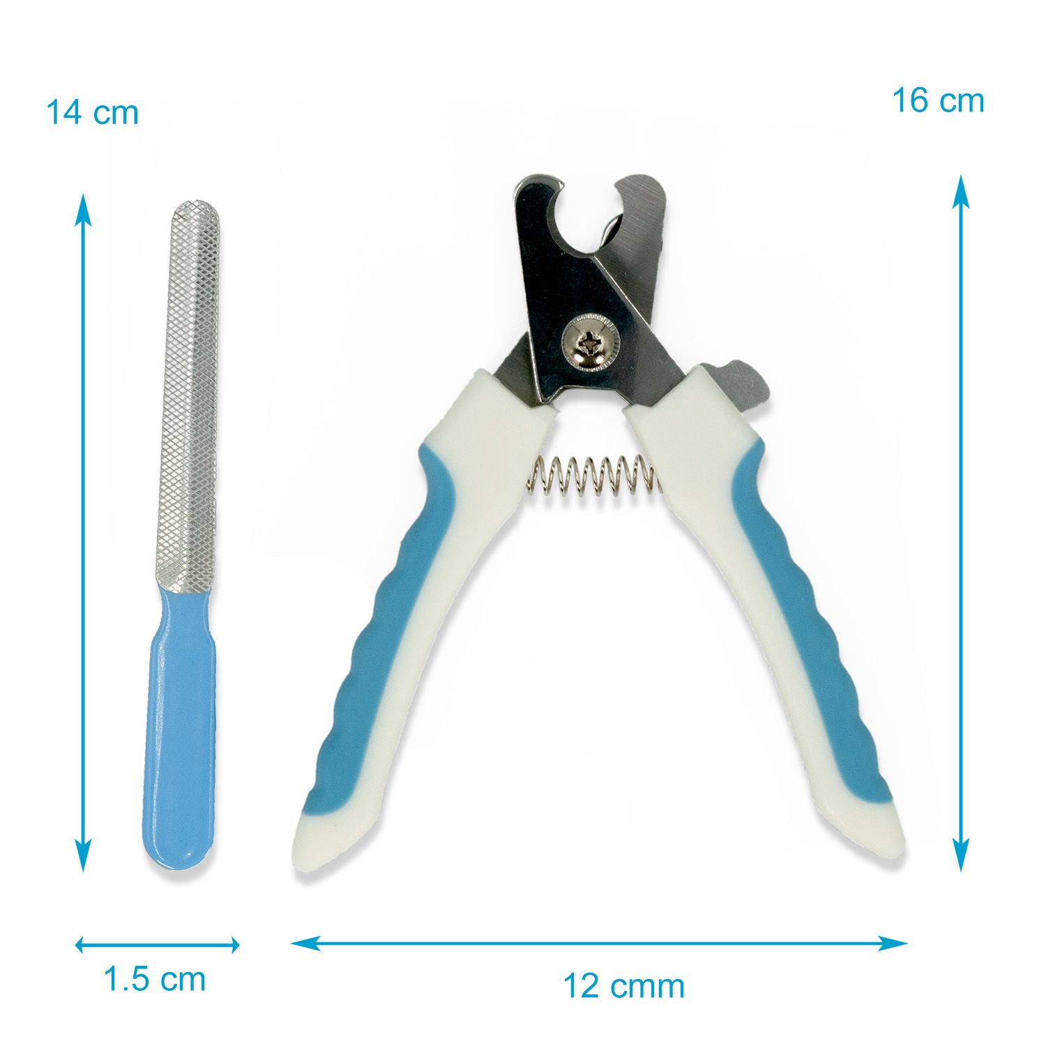 Krallenschere und Feile. Schere ist 12 cm breit und 16 cm lang. Feile ist 14 cm lang und 1,5 cm breit.