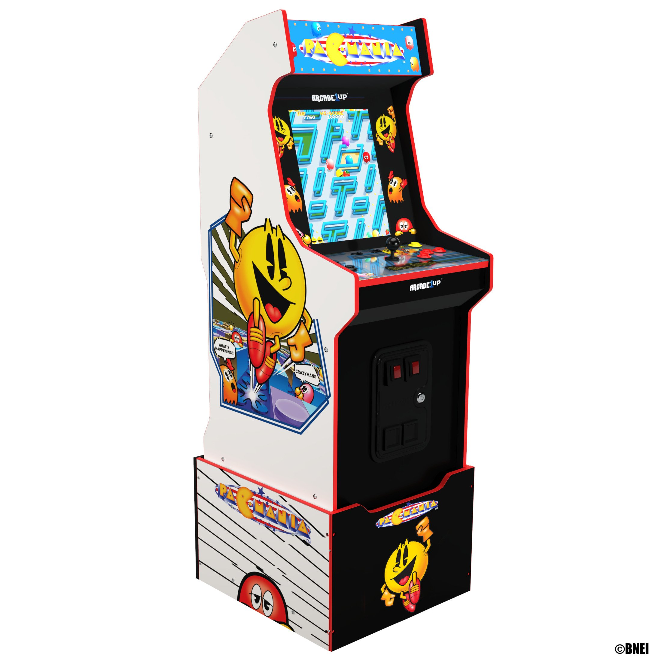 Macchina arcade con grafica di Pac-Man. La macchina ha un design in bianco e nero.