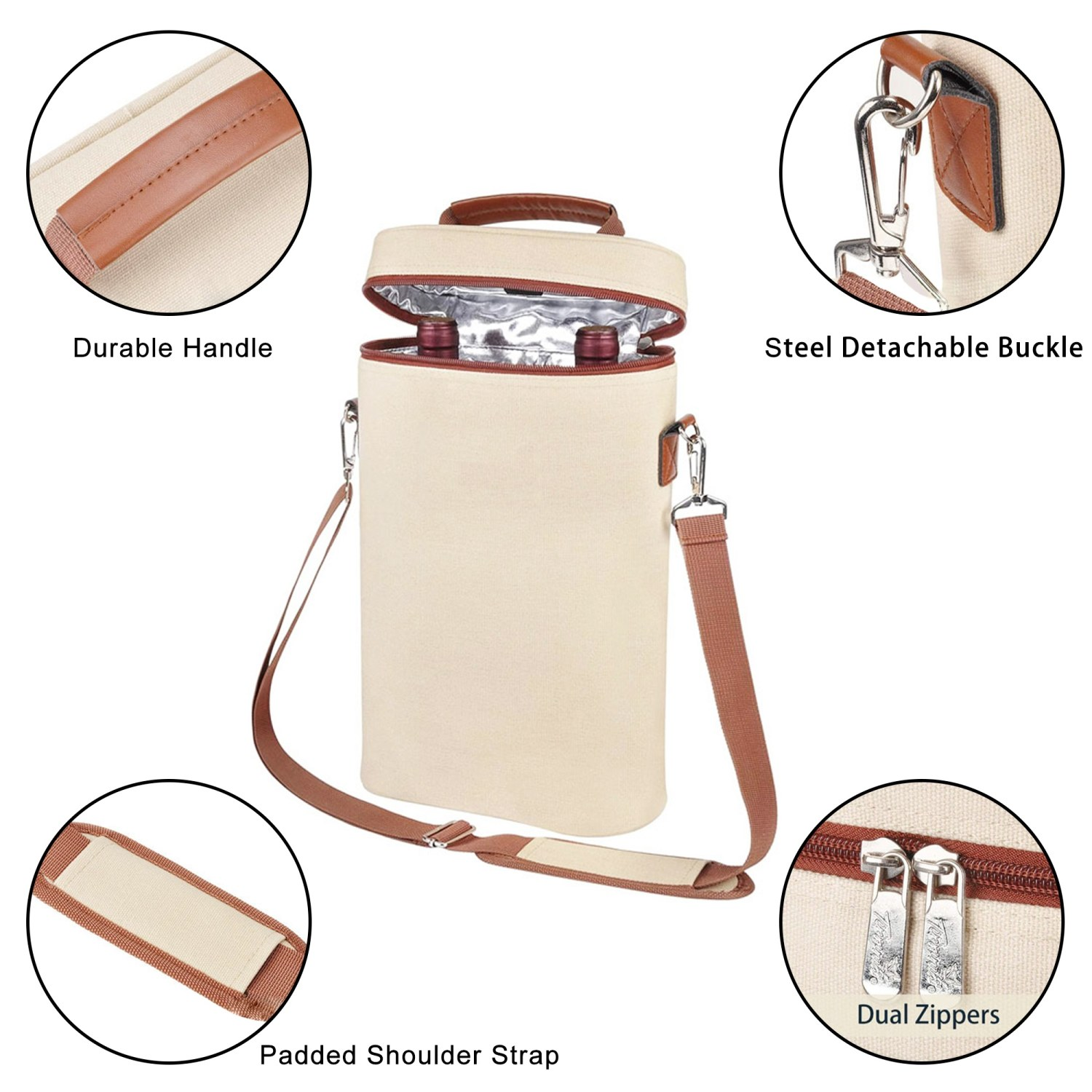 Beige Weintasche mit braunen Griffen, Schultergurt und Reißverschlüssen. Text: Strapazierfähiger Griff, gepolsterter Schultergurt.