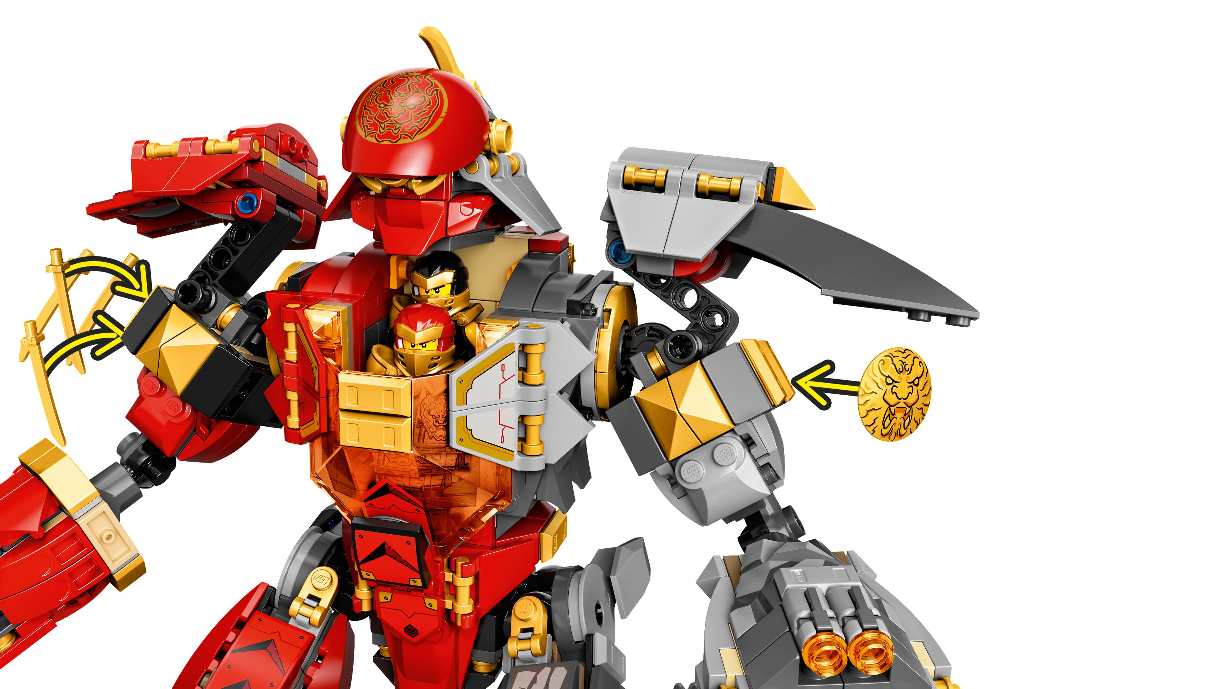 Roter und goldener Lego-Roboter. Der Roboter hat einen roten Kopf, Brust und Arme. Goldene Akzente. Eine Minifigur ist sichtbar.