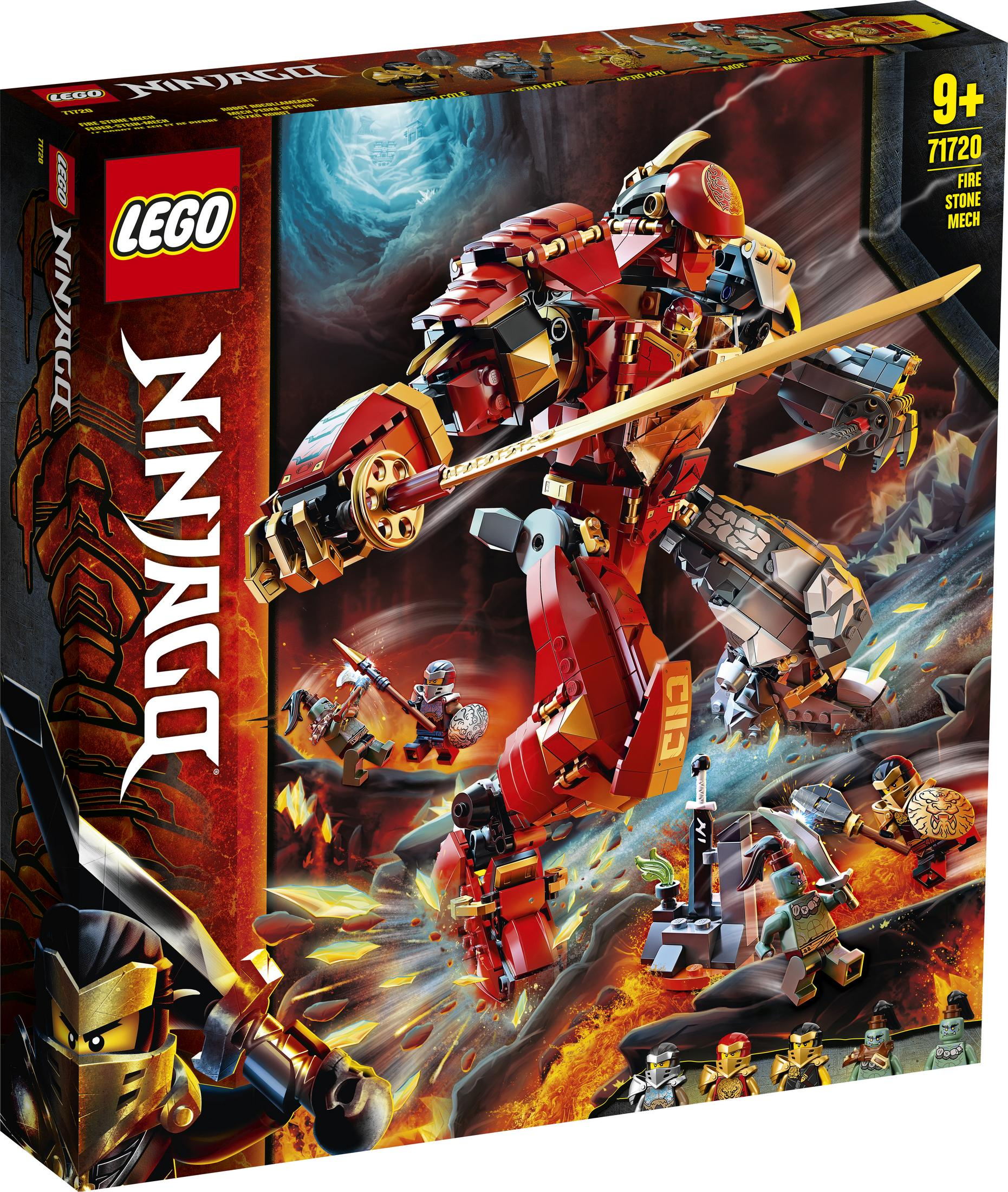 Lego Ninjago Fire Stone Mech Box. Großer roter Roboter mit Goldschwert und Ninjago-Figuren im Hintergrund.