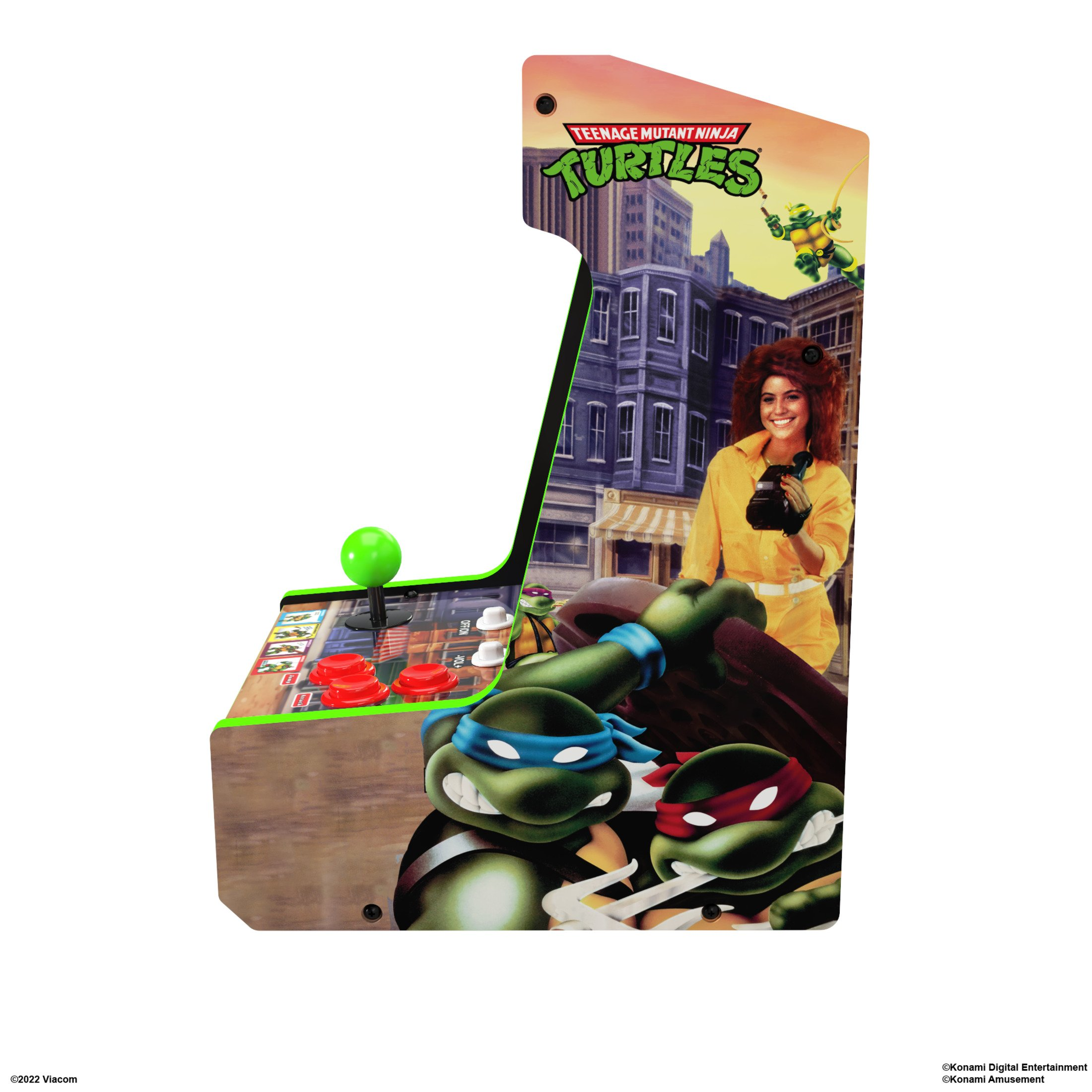 Una máquina de arcade con gráficos de las Tortugas Ninja, vista lateral.