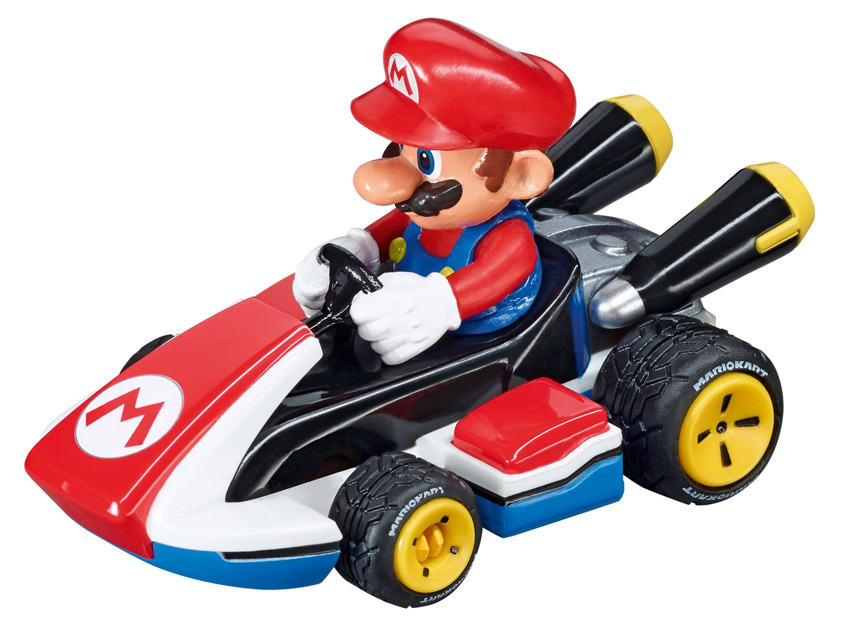 Figura de Mario en un kart rojo sobre fondo blanco.