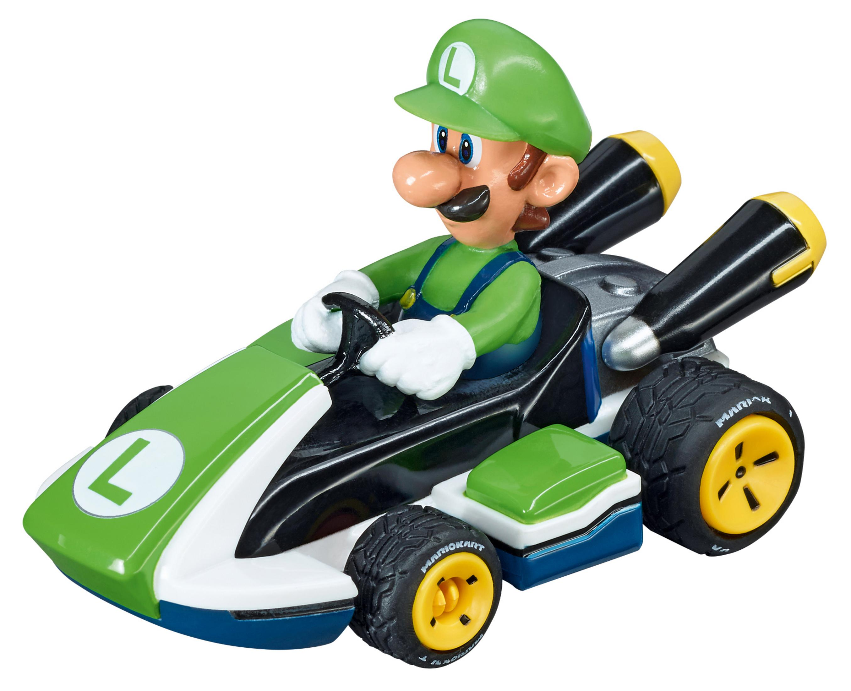 Luigi en un karting verde, con un logo 'L' verde, sobre fondo blanco.