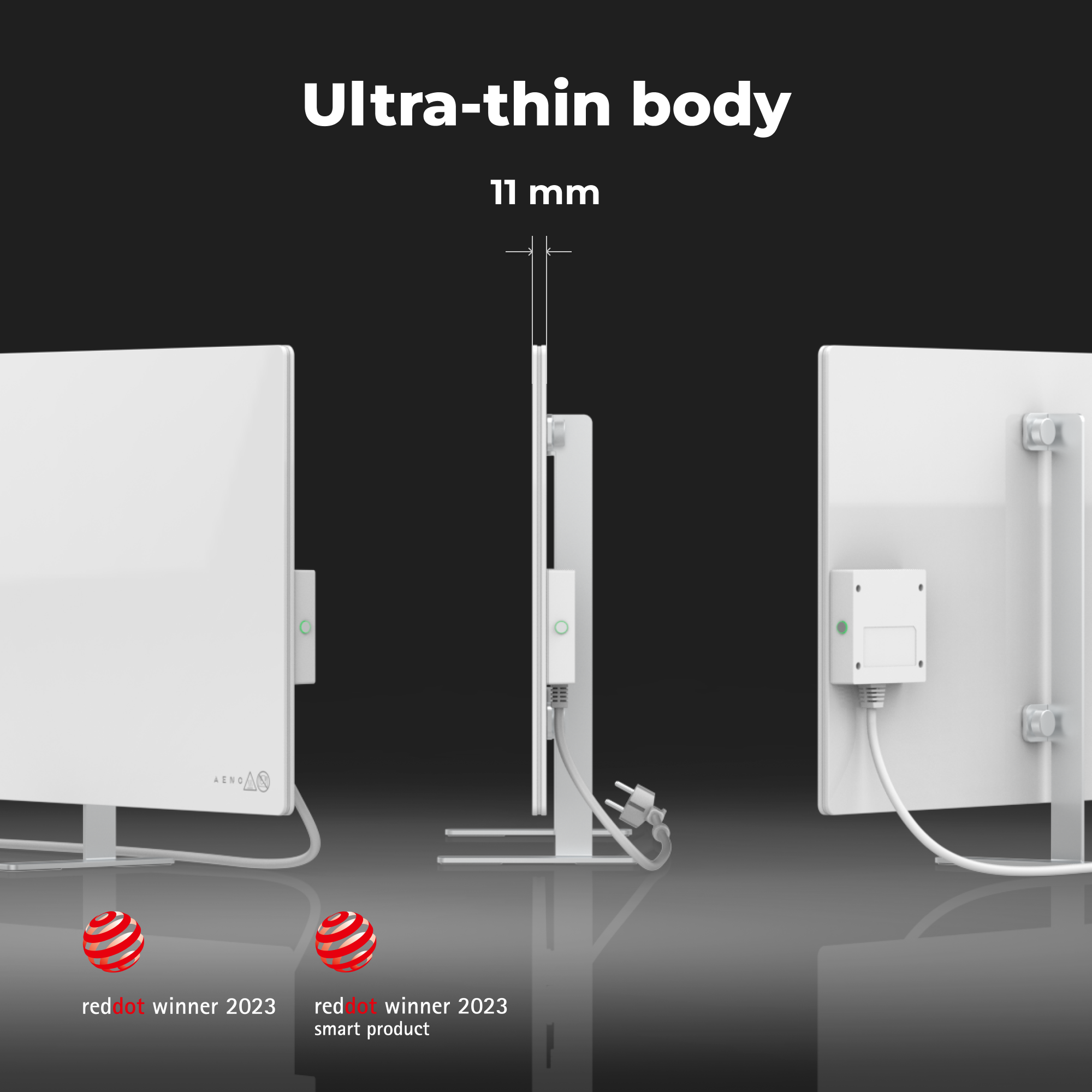 Biały panel grzewczy z napisem "Ultra-cienki korpus 11 mm" i dwiema naklejkami "reddot winner".