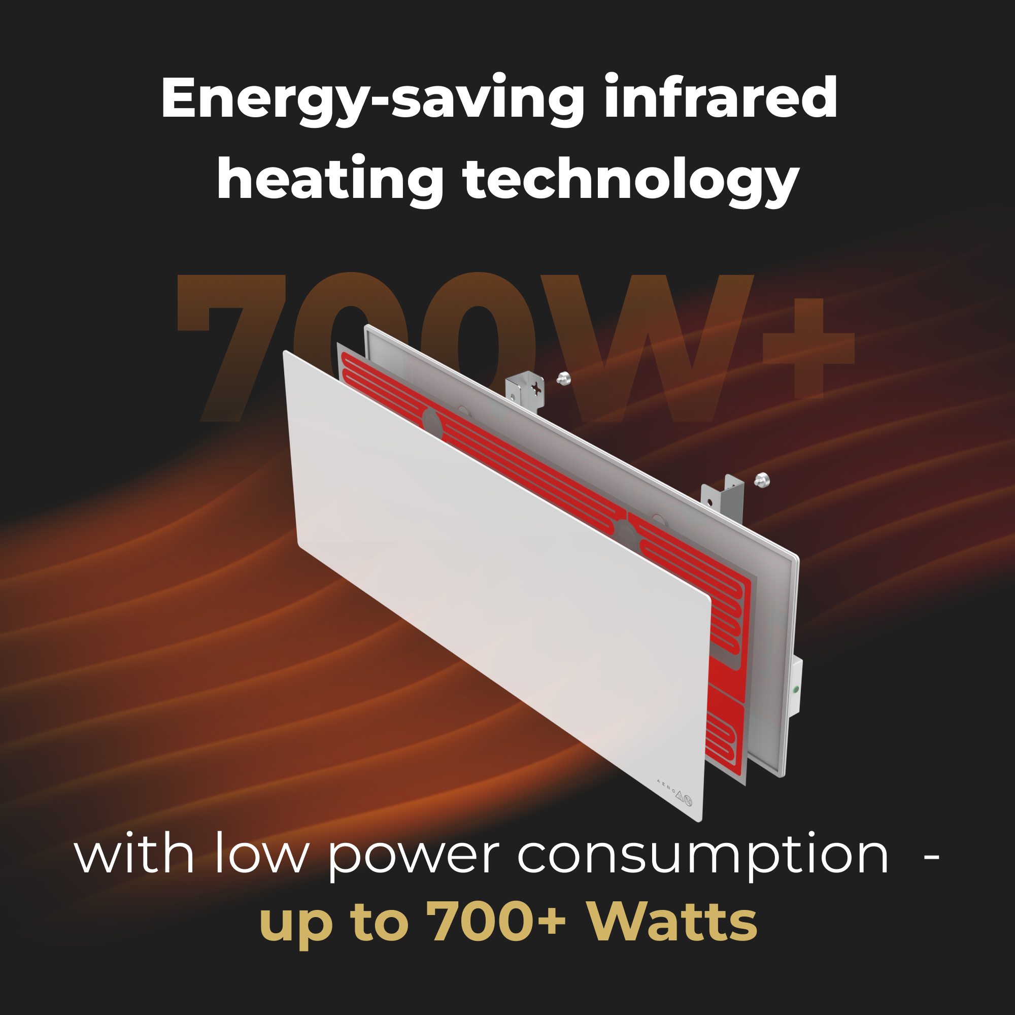 Białe panele grzewcze z czerwonymi elementami wewnętrznymi. Tekst: Energooszczędna technologia ogrzewania na podczerwień, do 700+ watów.