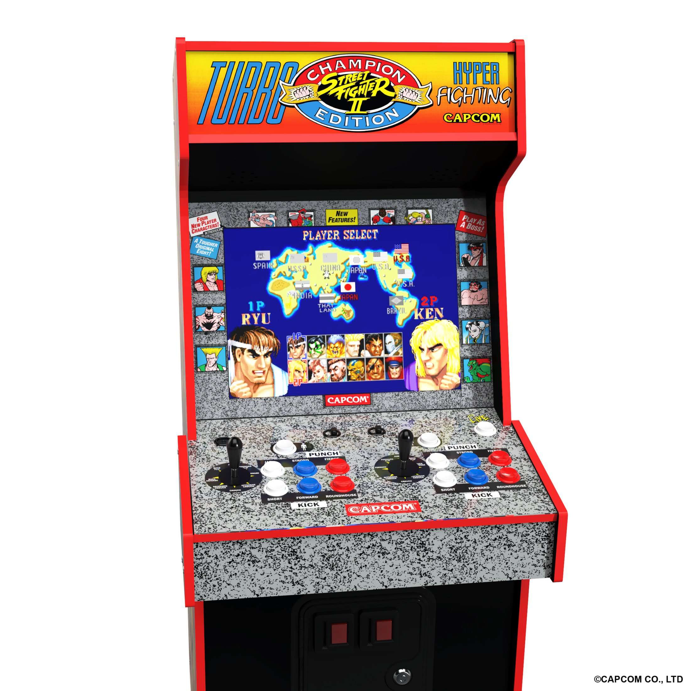 Un cabinato arcade di Street Fighter II Turbo con un design rosso e nero. Lo schermo di gioco mostra i personaggi.