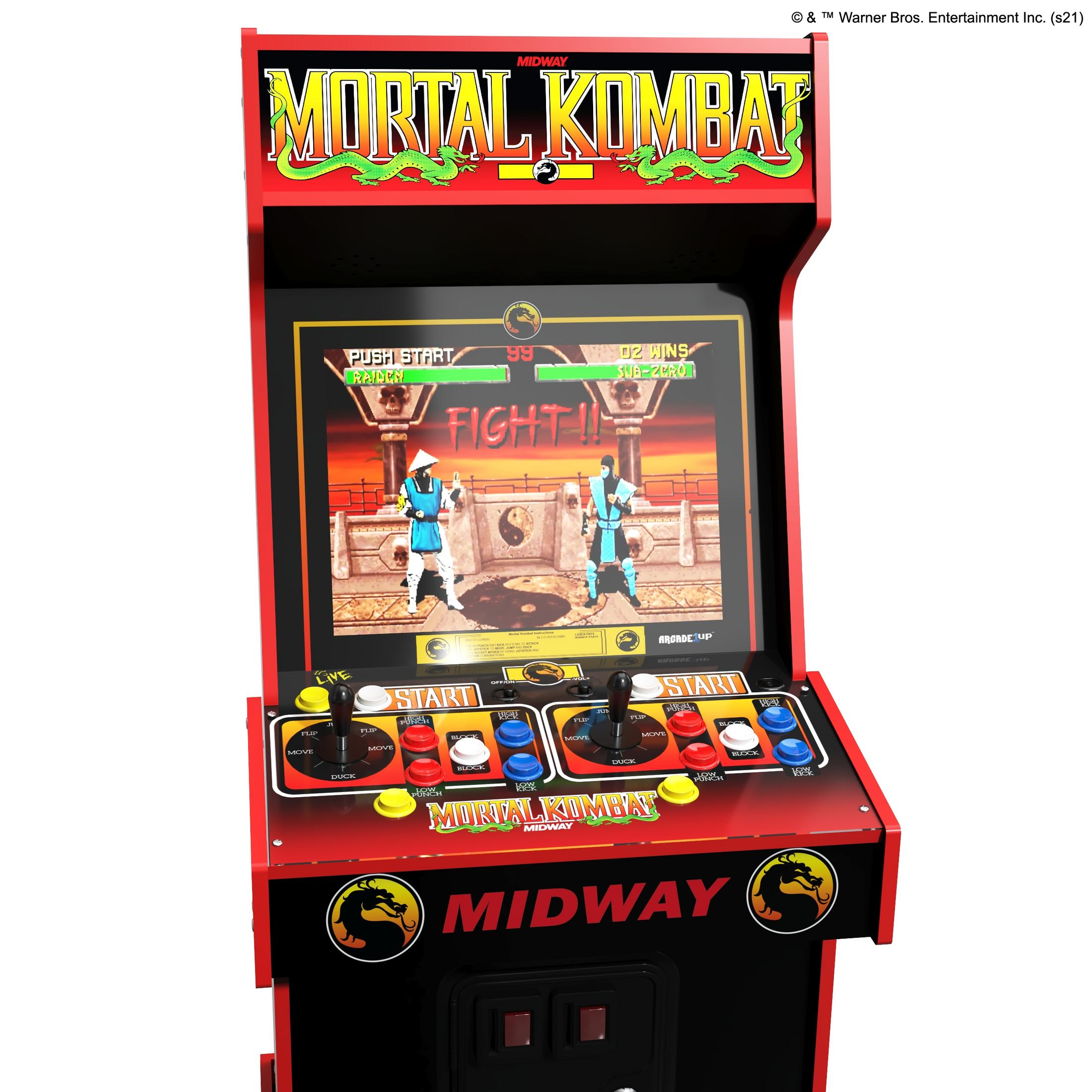 Una macchina da gioco arcade Mortal Kombat. Ha uno schermo che mostra una scena di combattimento.