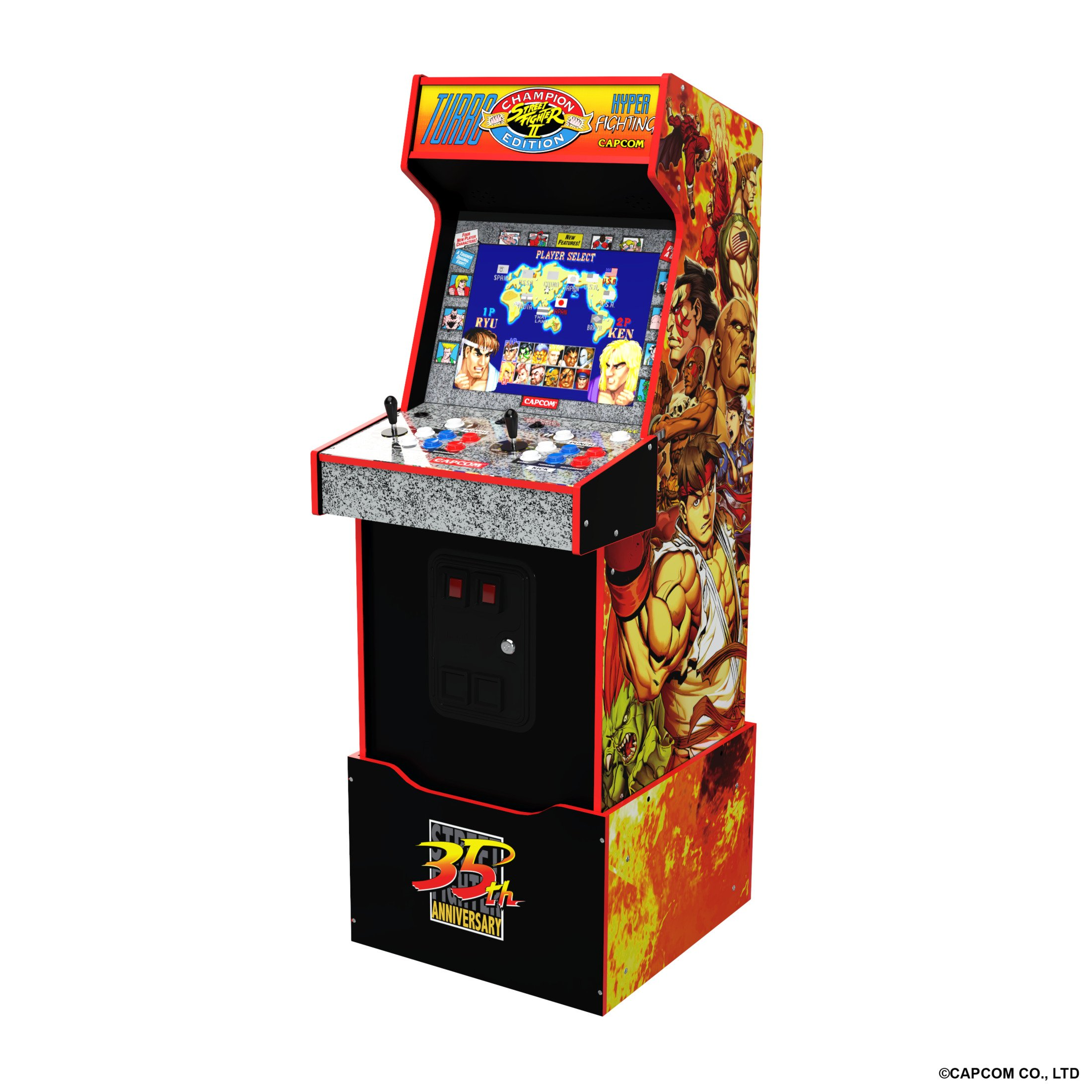Un cabinato da sala giochi. È rosso, nero e giallo con il titolo del gioco e i personaggi mostrati.