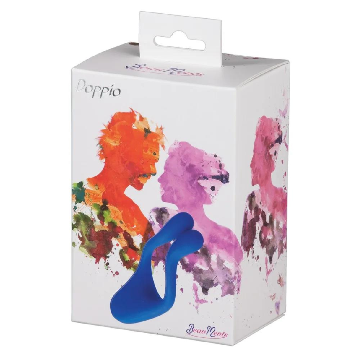 Pudełko z grafiką dwóch postaci w stylu akwareli. Przedstawia niebieską zabawkę erotyczną.
