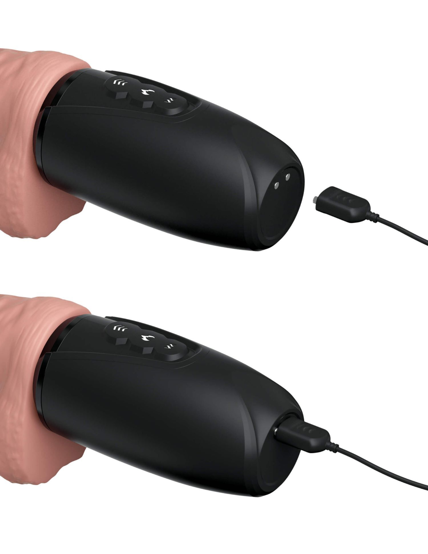 Gezeigt wird ein schwarzes Sexspielzeug. Ein Teil wird von einer Hand gehalten. Ein Ladekabel ist angeschlossen.