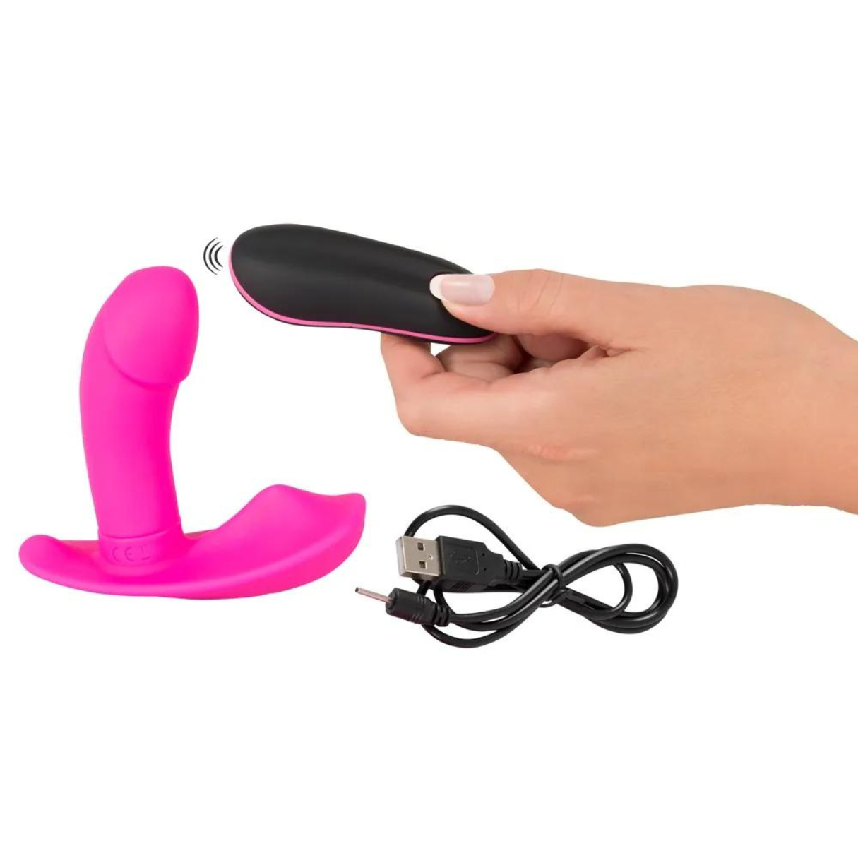 Rosa Sexspielzeug mit Fernbedienung, Hand hält Fernbedienung, USB-Kabel.
