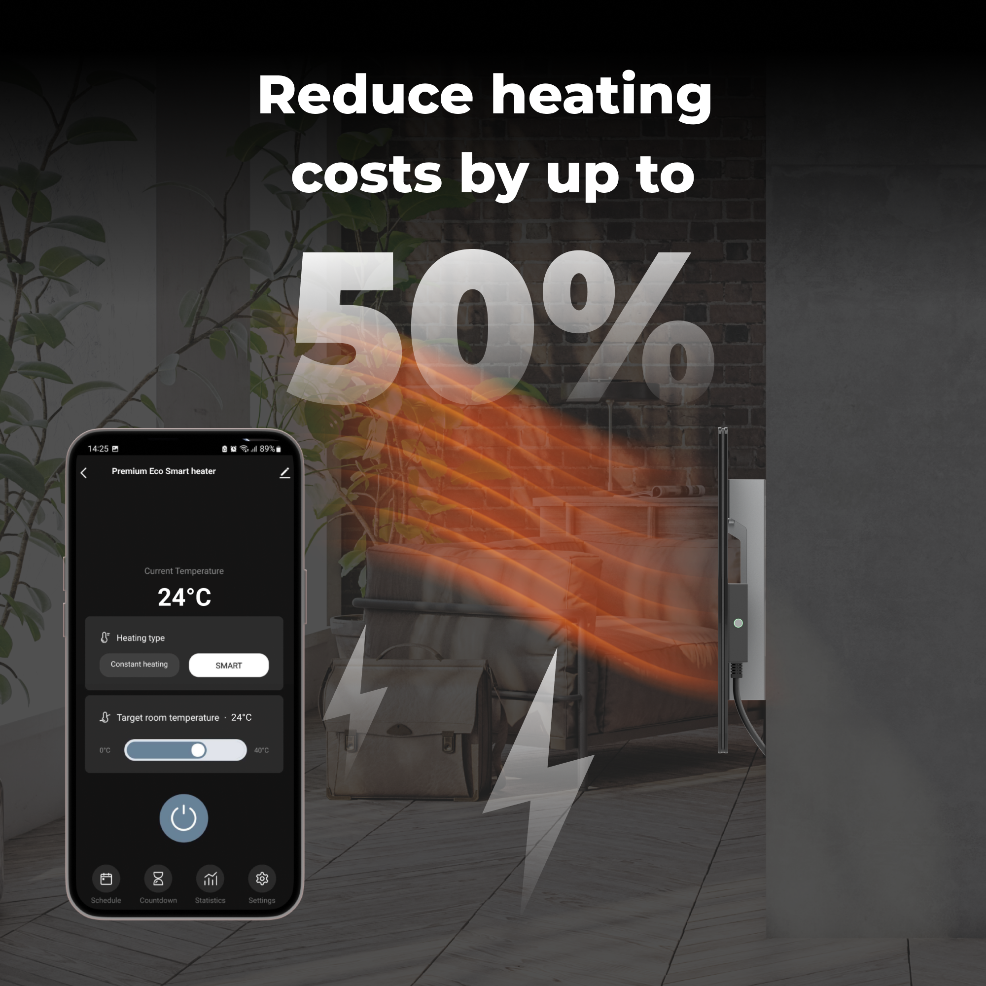 Inteligentny grzejnik domowy ze smartfonem. Telefon wyświetla 24°C. Tekst: Obniż koszty ogrzewania o 50%.