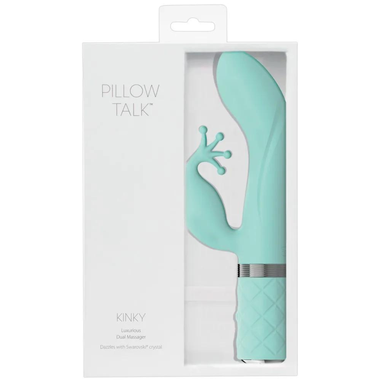 Aqua-farbenes Sexspielzeug in einer Box. Auf der Box steht 'PILLOW TALK' und 'KINKY'.