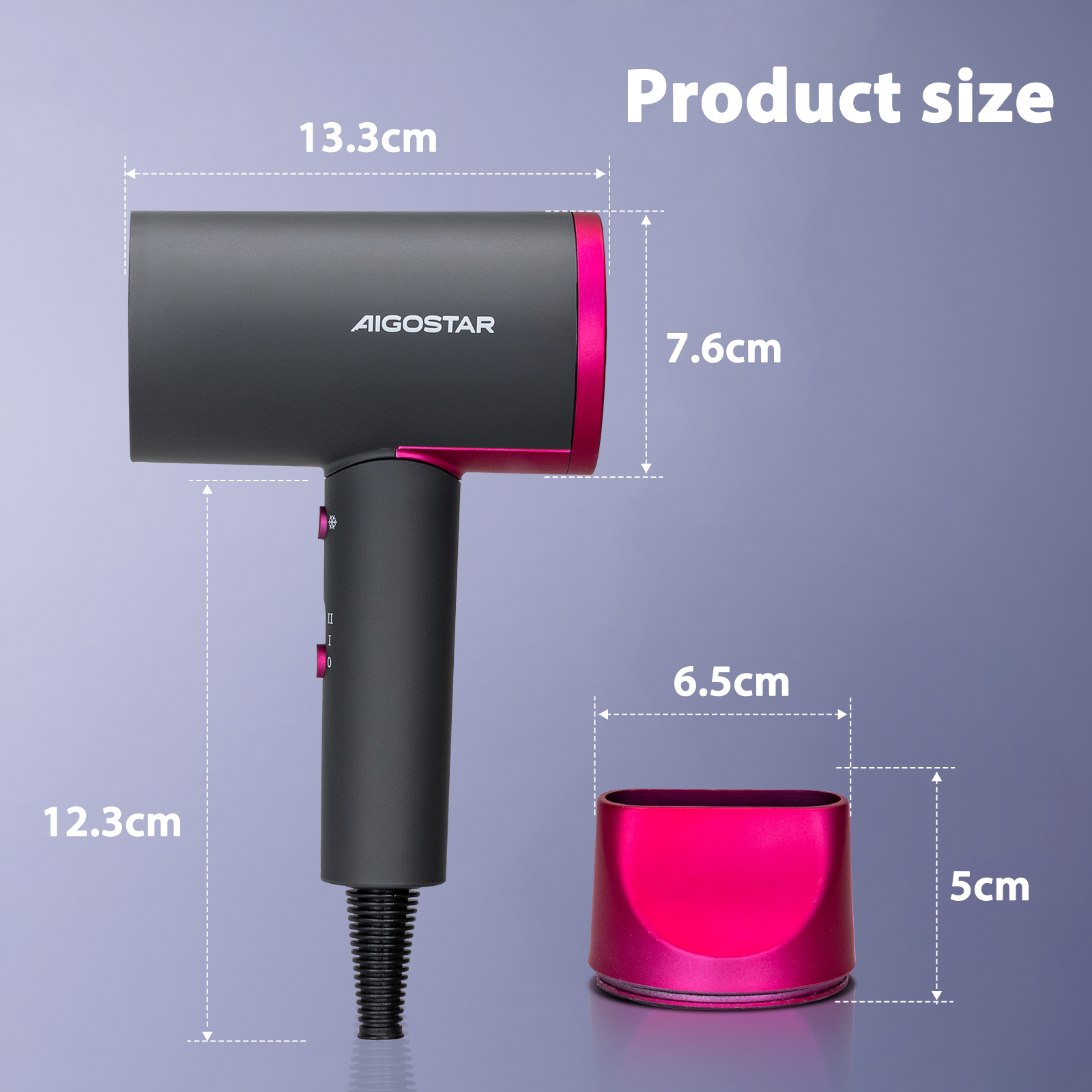 Asciugacapelli nero e rosa con misure e dimensioni. Un supporto rosa accanto.