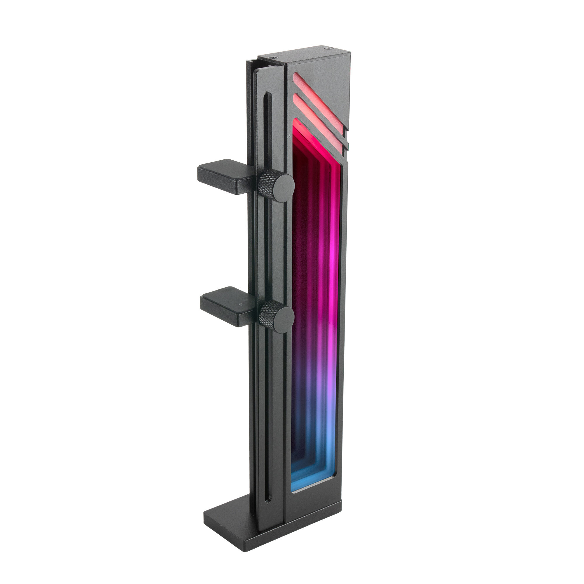 Soporte vertical negro con brazos ajustables. Luces LED de colores dentro del soporte.