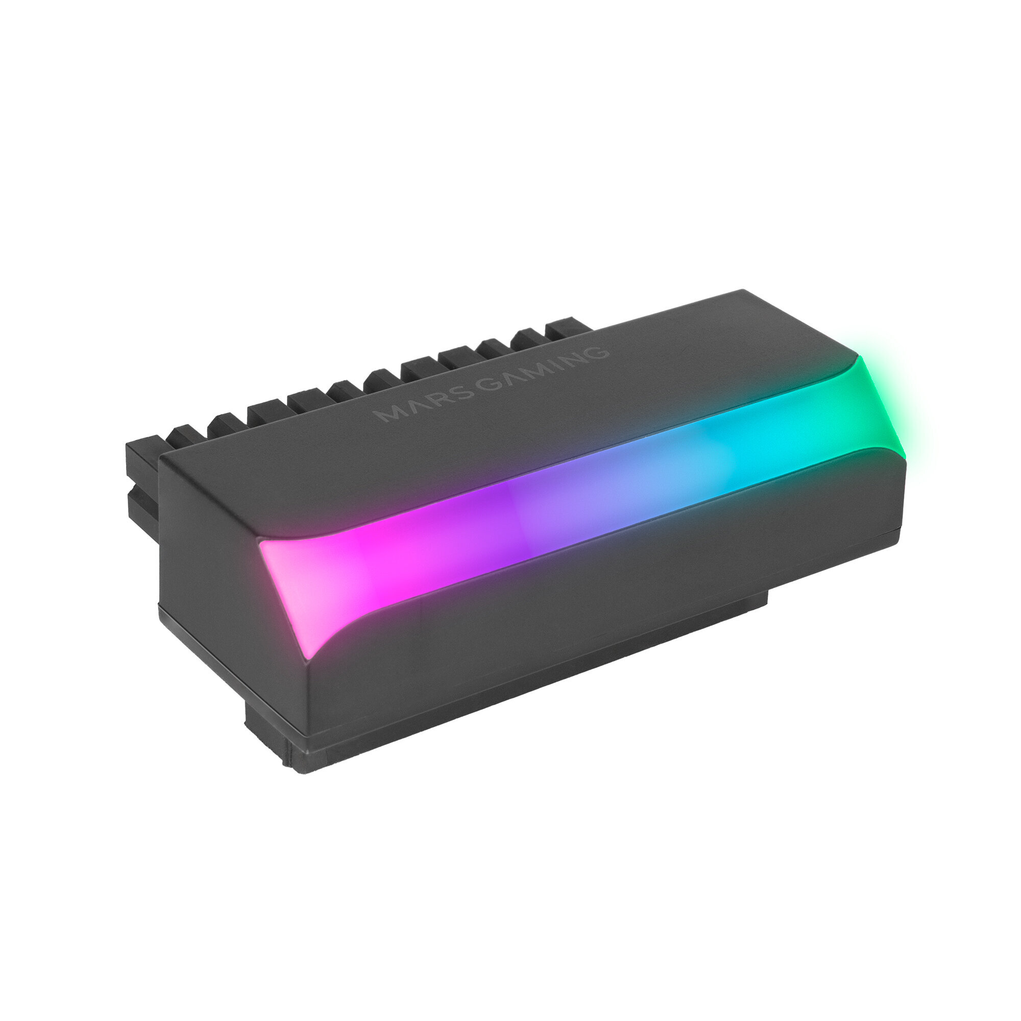 Dispositivo de juego negro con iluminación RGB. Tiene escrito Mars Gaming.
