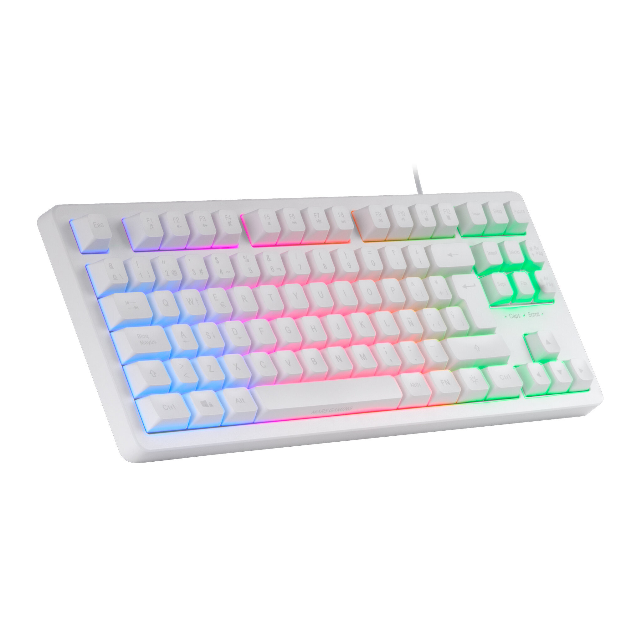 Tastiera bianca con tasti retroilluminati, disposti in QWERTY. Il colore delle luci varia.