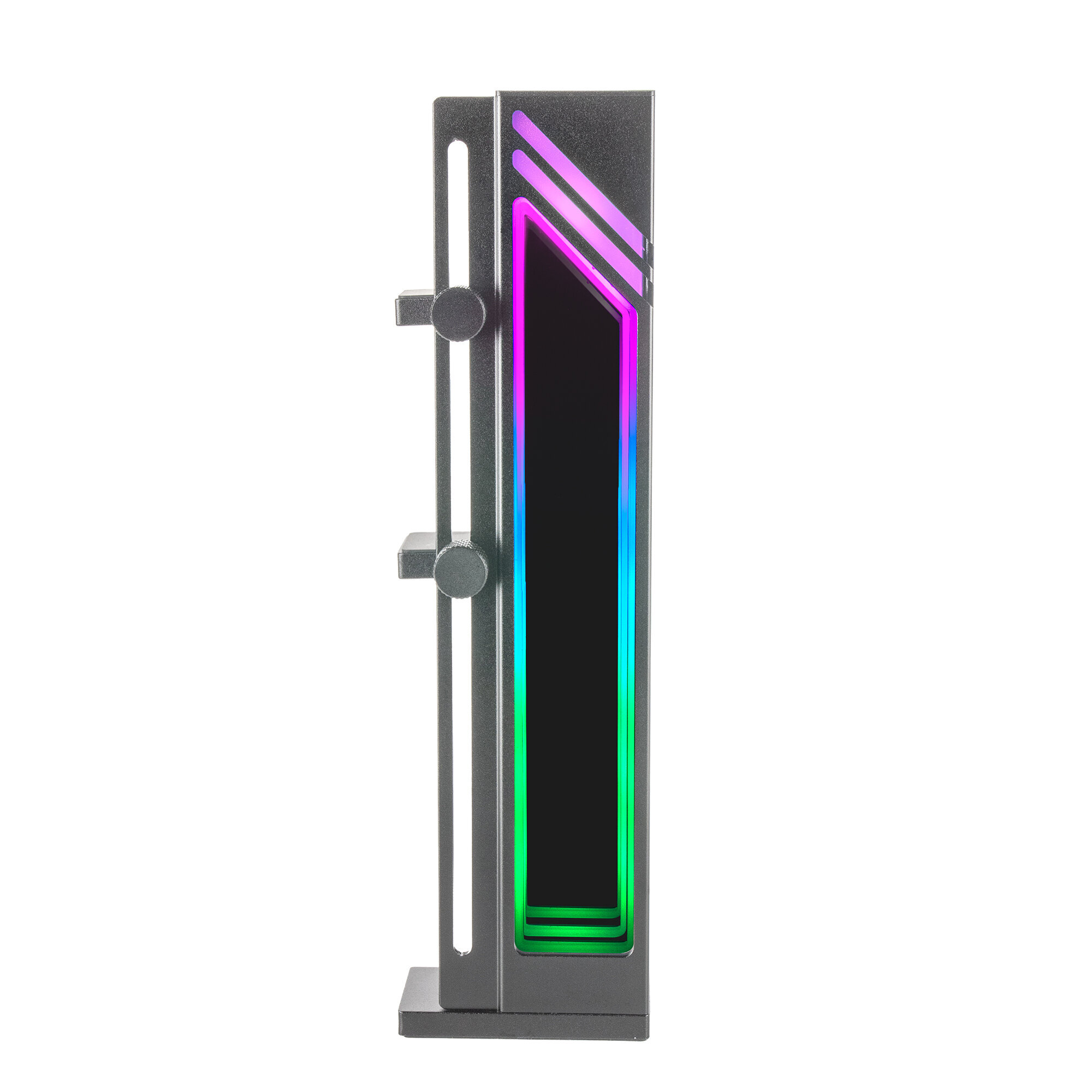 Componente de computadora gris vertical con iluminación RGB y soporte, fondo blanco.