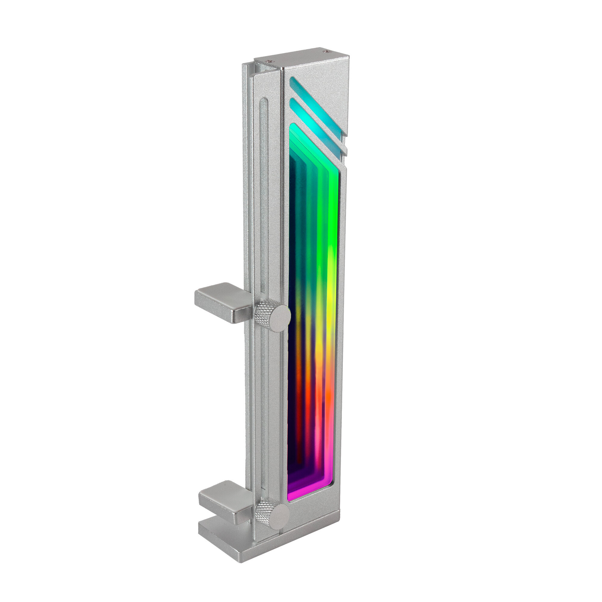 Tira de luz LED RGB plateada, con soportes ajustables. Colores visibles.