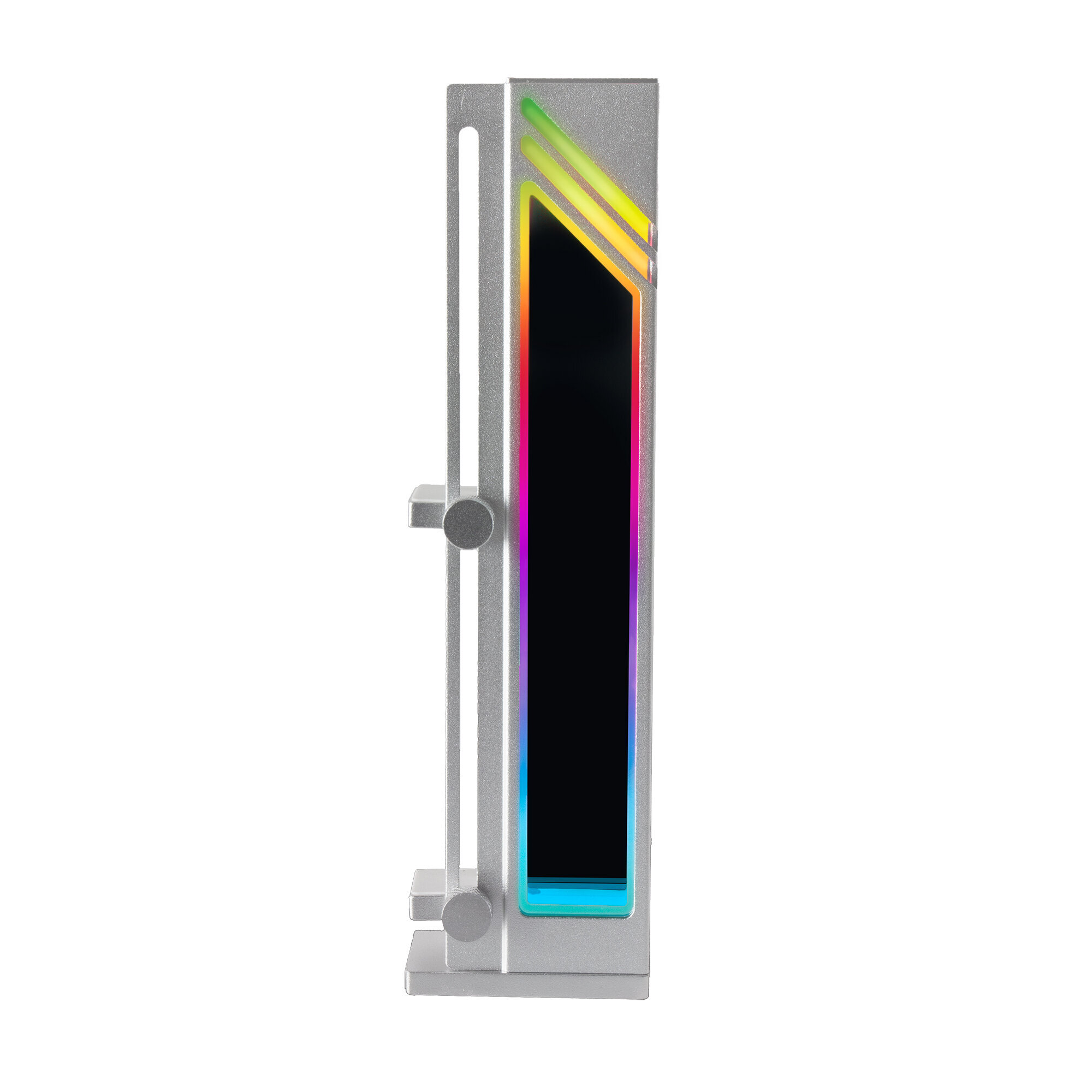 Componente de PC plateado con luces LED de colores en el lateral, con pantalla negra.