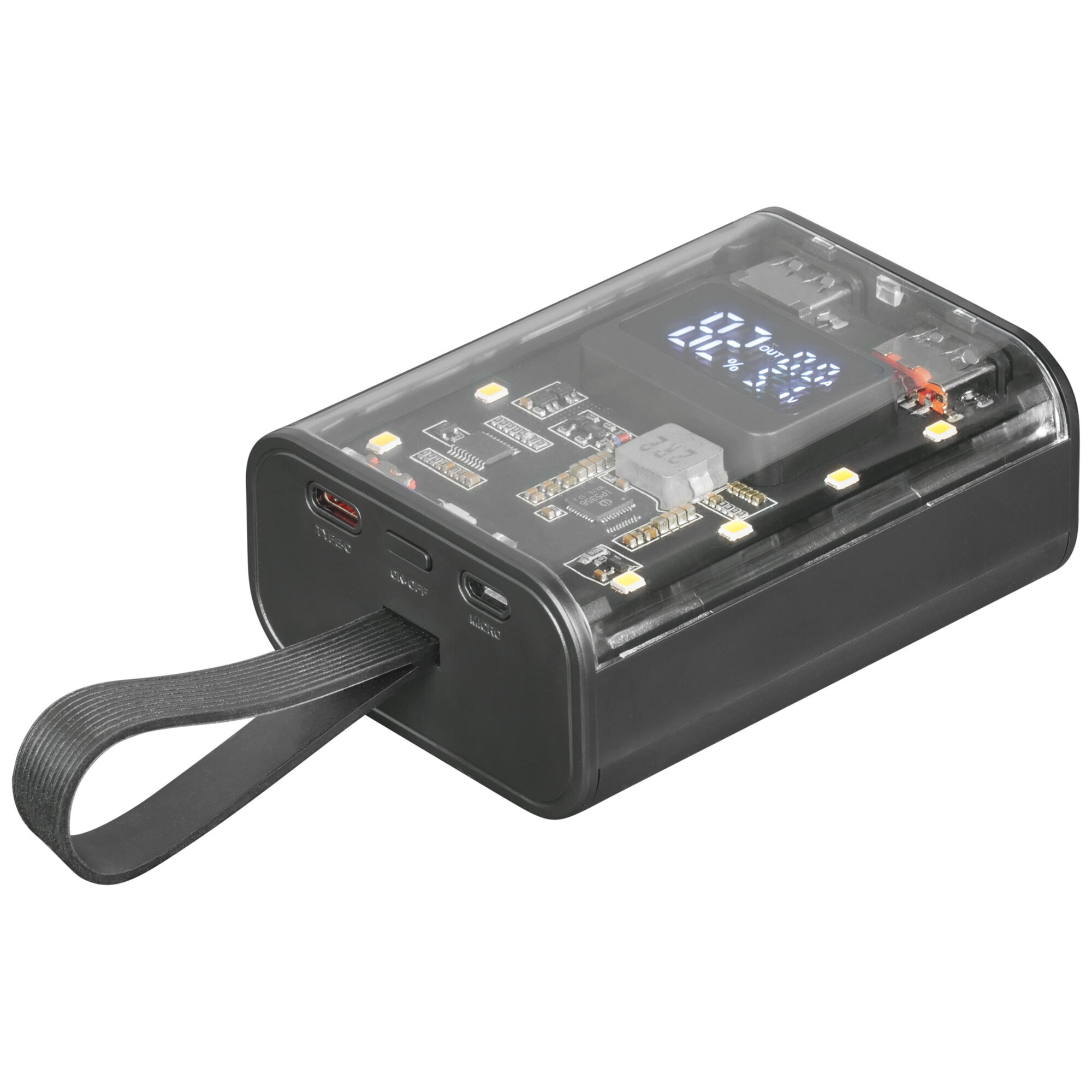 Power bank nera con parte superiore trasparente, che mostra circuiti e uno schermo digitale. Con cinghia.