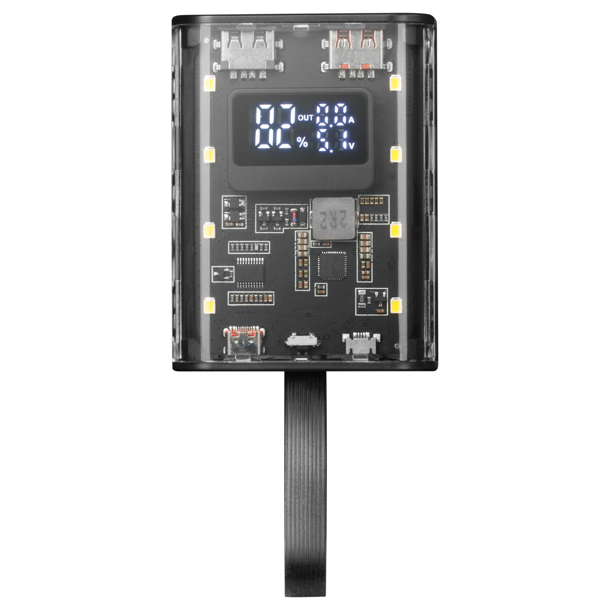 Componente elettronico nero. Il display mostra percentuale e voltaggio. Alloggiamento trasparente con luci all'interno.