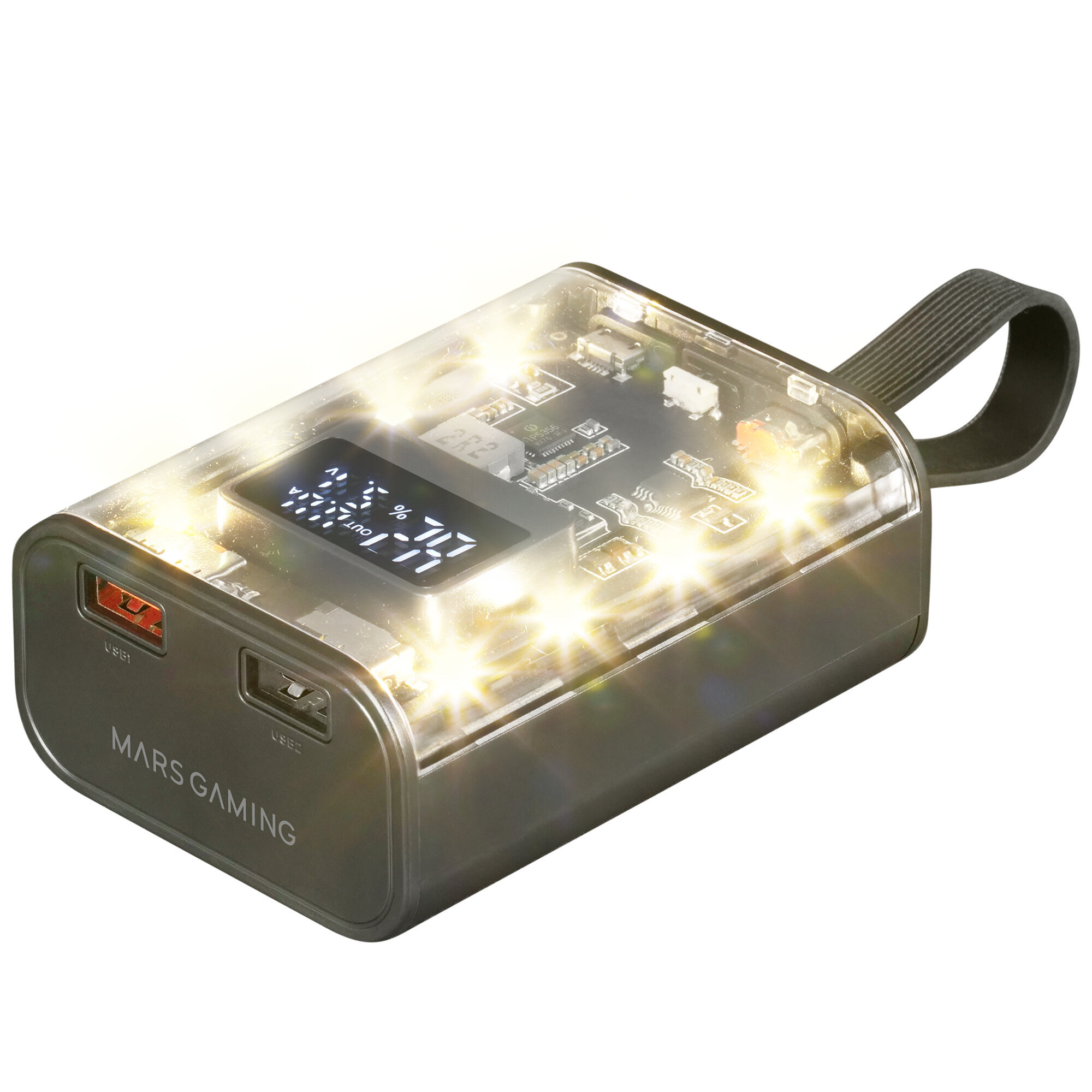 Un power bank trasparente che mostra i componenti interni e un'impugnatura.