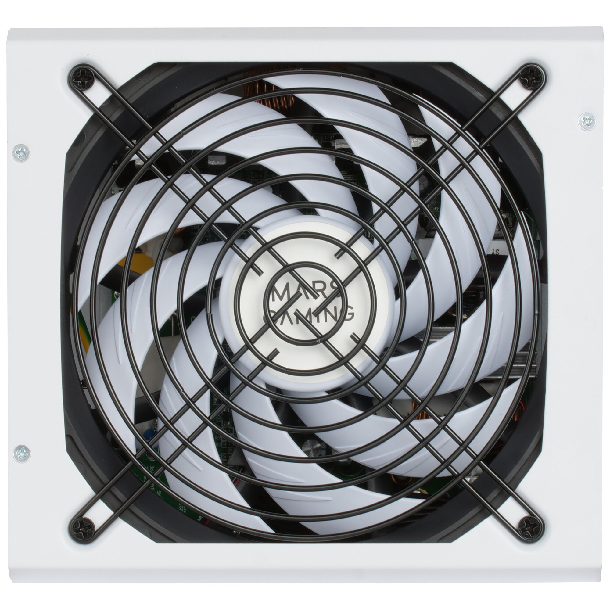 Zbliżenie białego wentylatora w białym pudełku z czarną metalową kratką.