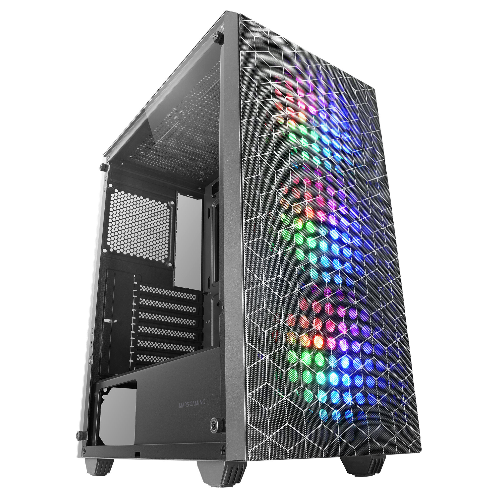 Caja de ordenador Mars Gaming negra con lateral transparente y luces RGB.