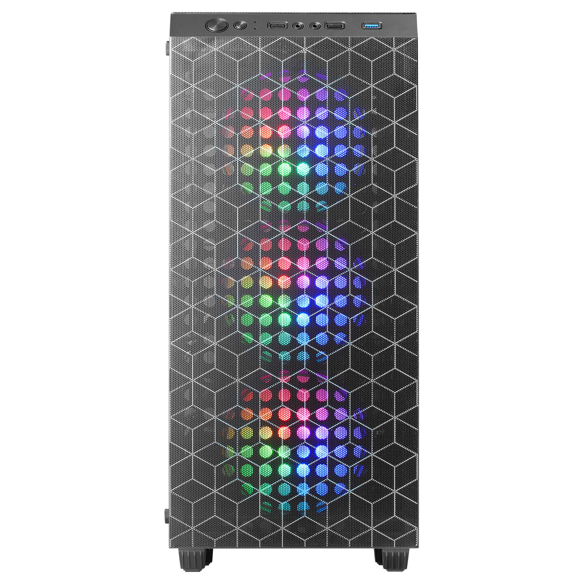Caja de ordenador con frontal de malla. Luces LED muestran colores arcoíris. Caja negra, fondo blanco.