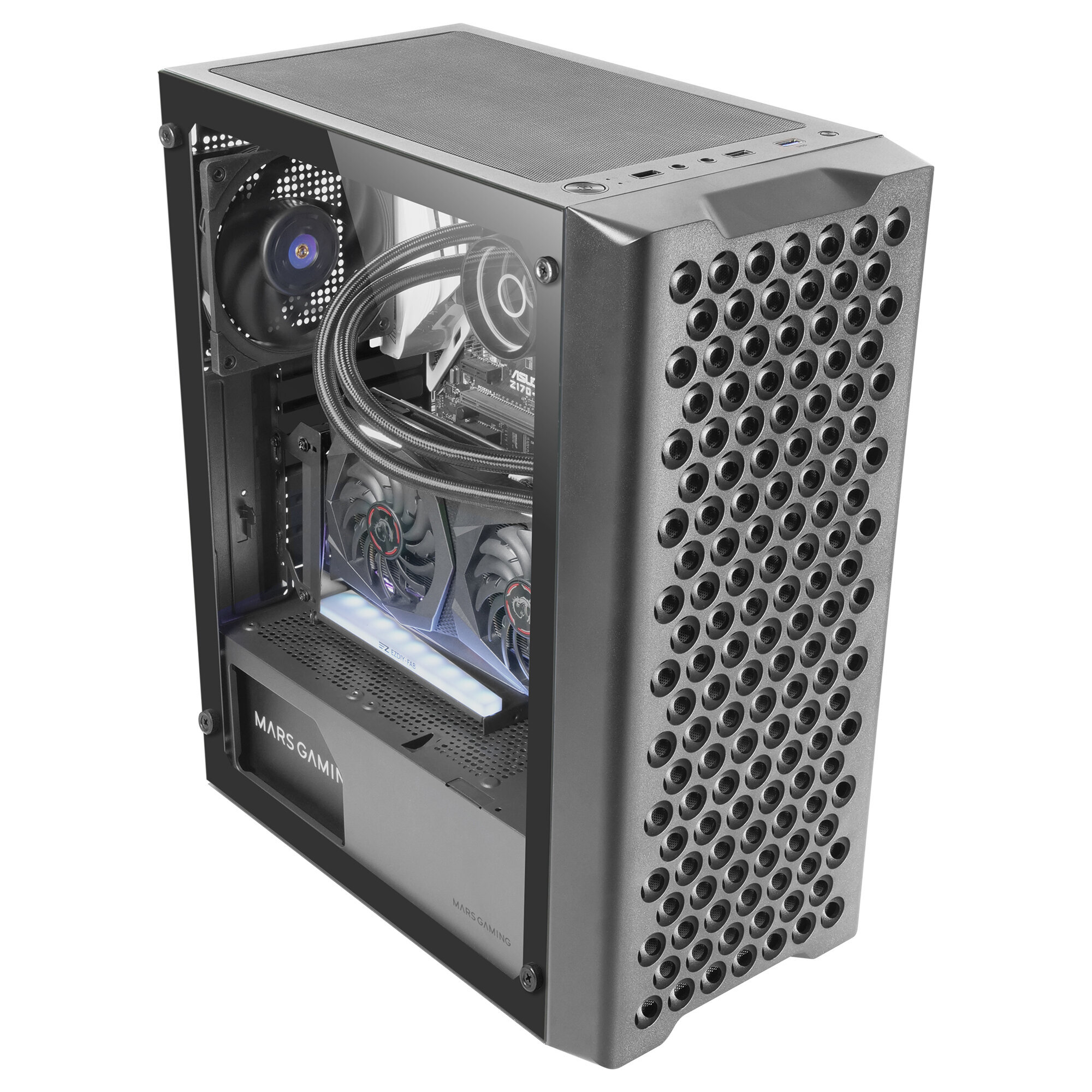 Een computerkast met een glazen zijpaneel, met interne componenten en een geperforeerde voorkant.
