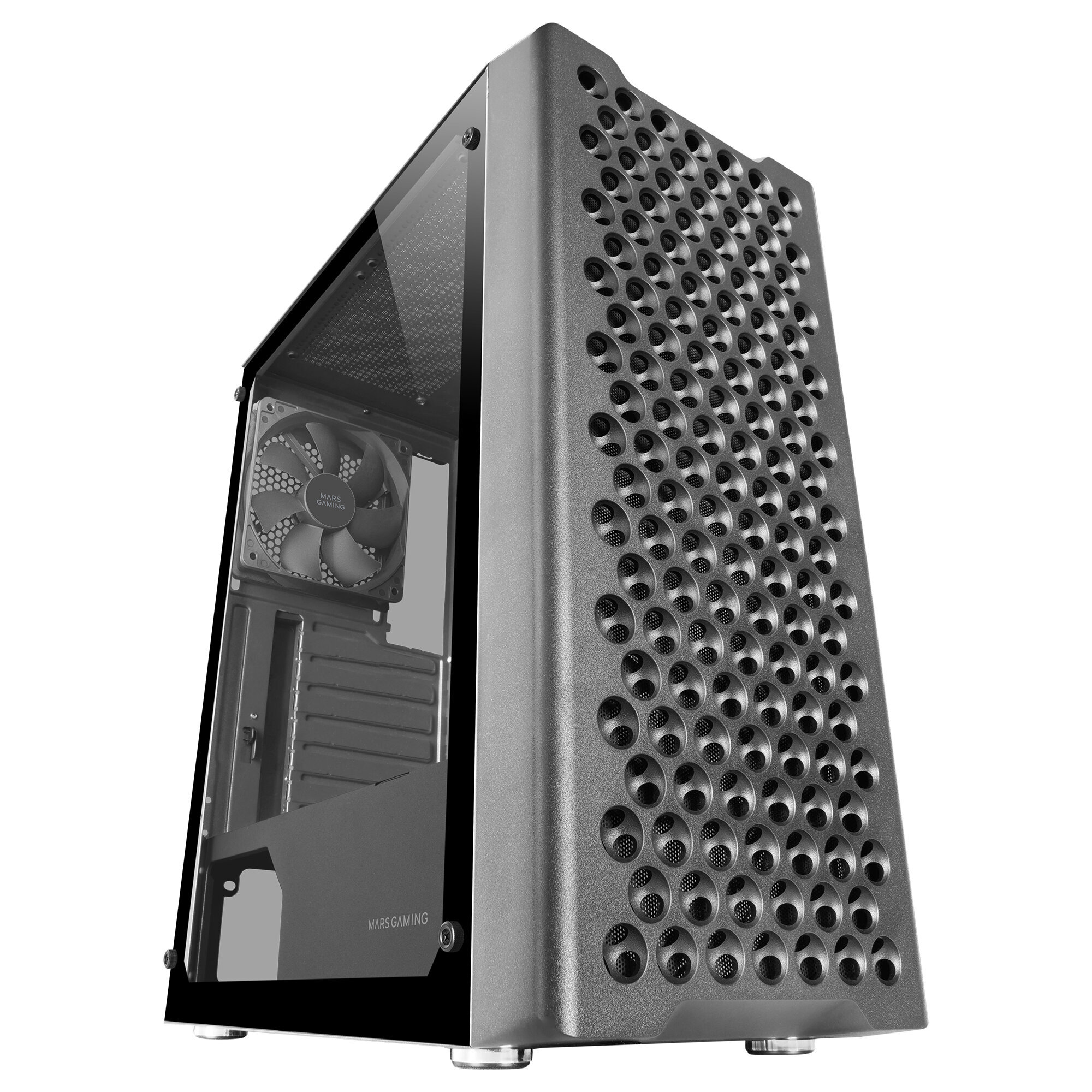 Zwarte gaming PC-behuizing met een transparant zijpaneel en een ventilator.