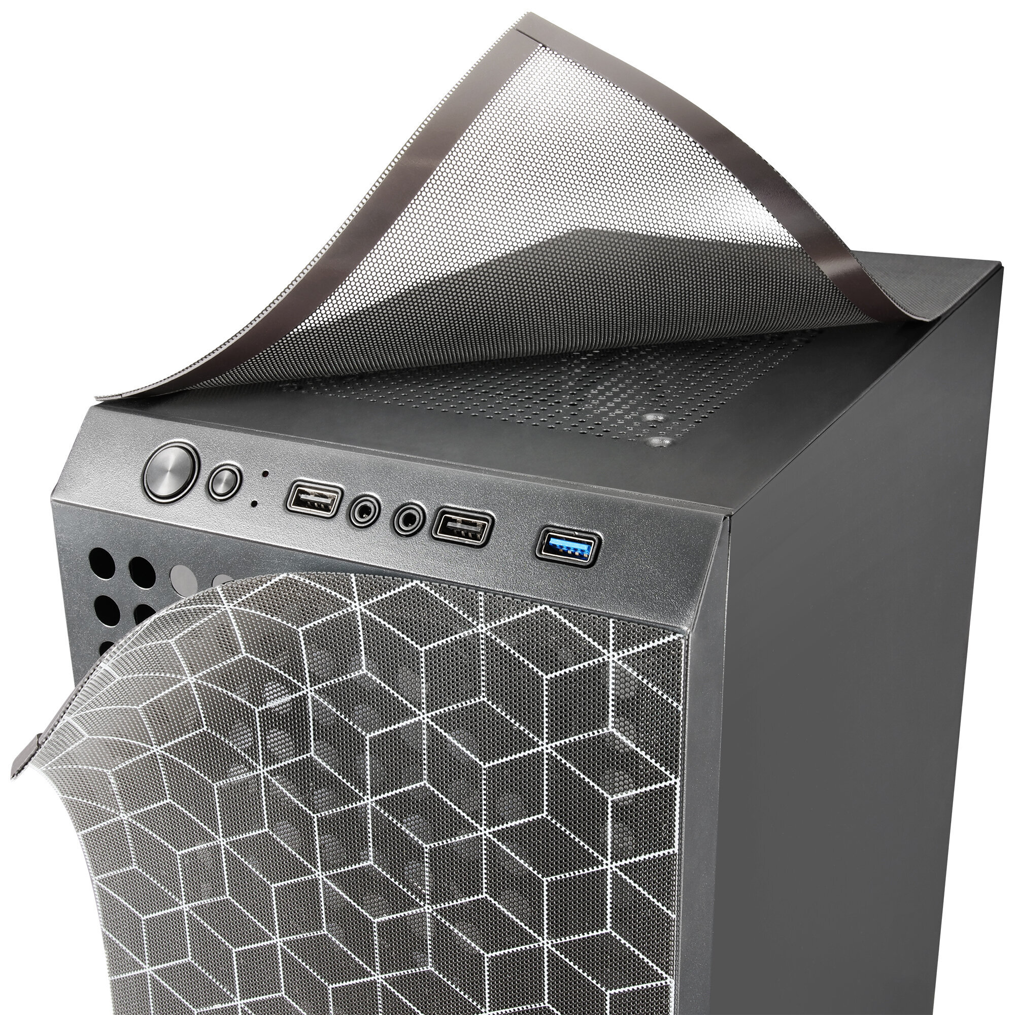 Caja de computadora negra con una cubierta de malla parcialmente abierta. Puertos USB y botones de encendido visibles.