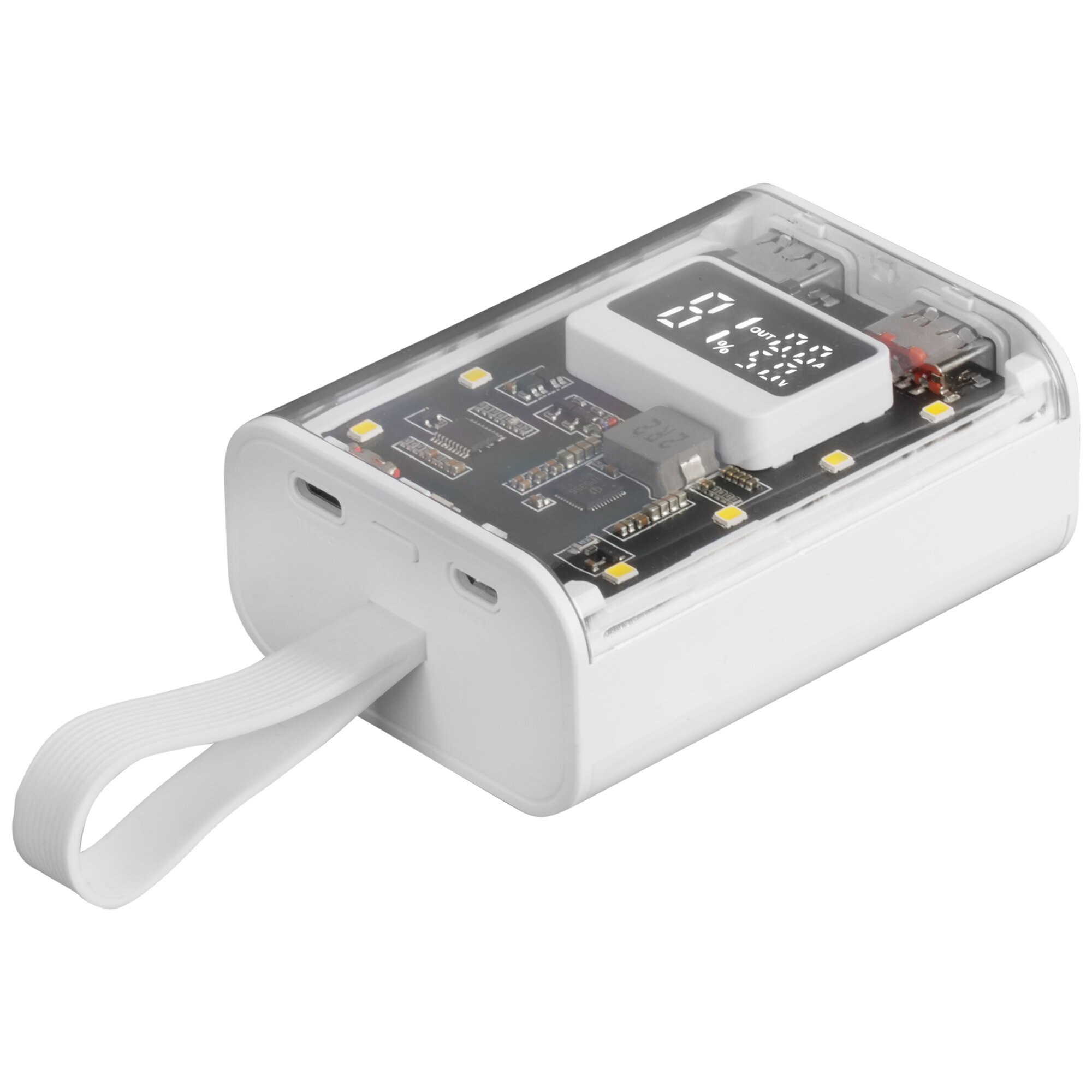 Power bank bianca con sezione trasparente che mostra i componenti interni. Display digitale mostra livello.