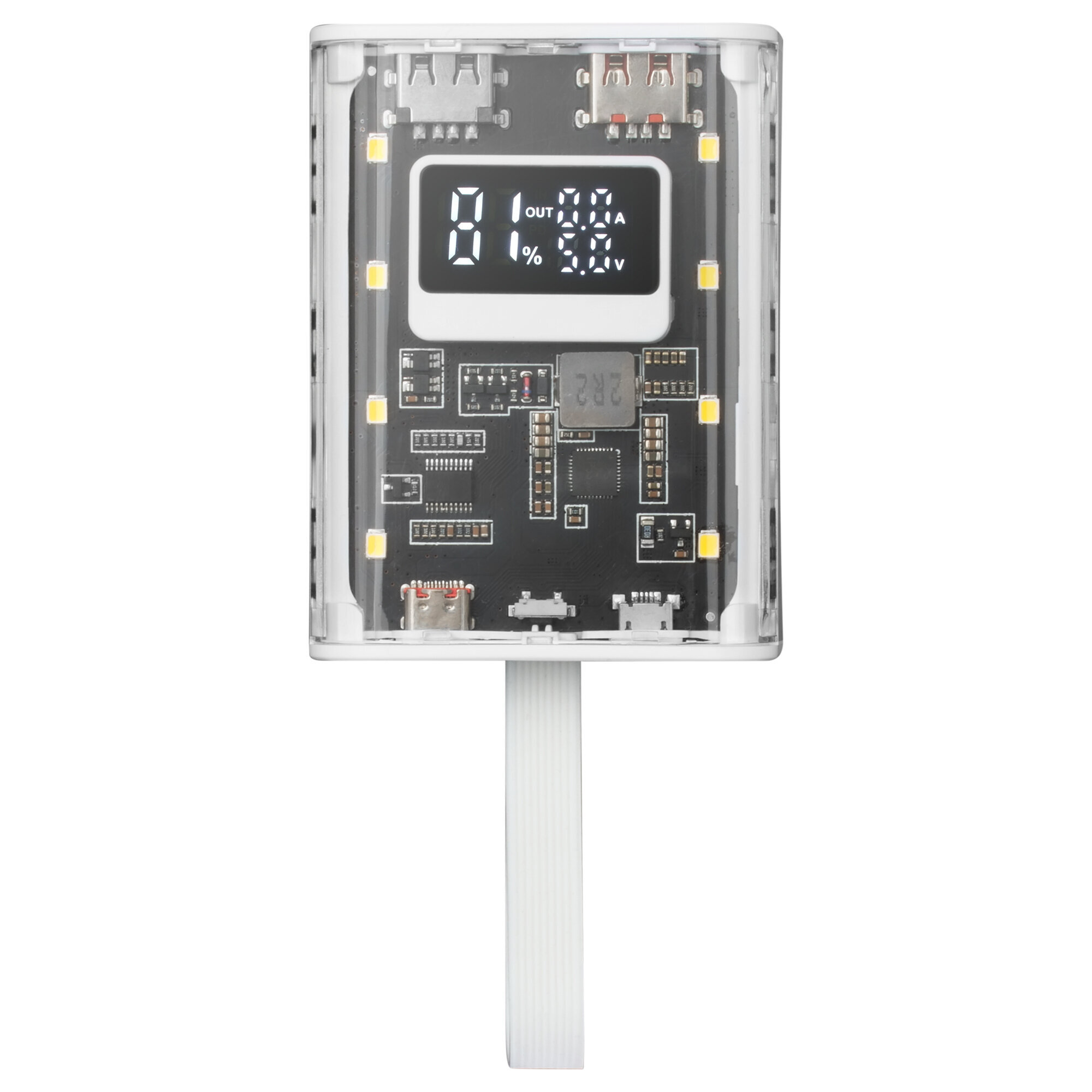Dispositivo trasparente che mostra l'elettronica interna e un display. Cavo bianco e sfondo bianco.