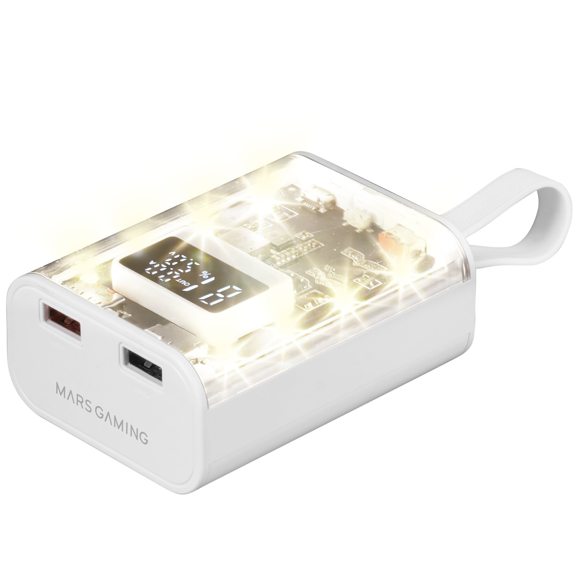 Un power bank bianco con display digitale e cinturino bianco.