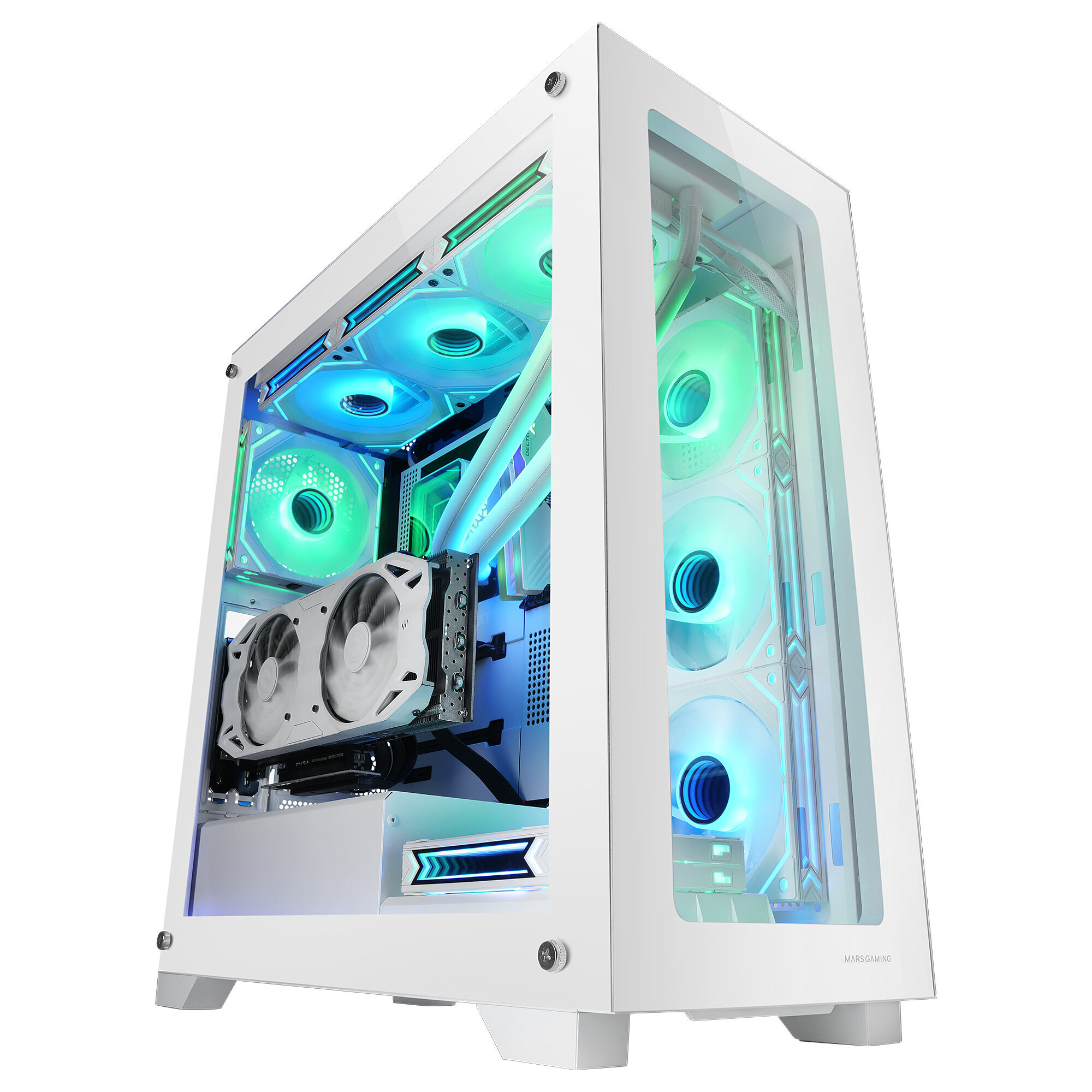 Case PC bianco con componenti interni, tra cui ventole con luci verdi e blu e una scheda grafica.