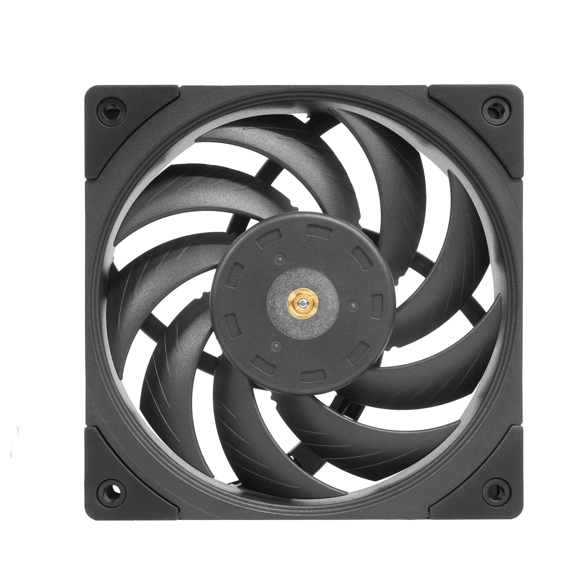 Czarny wentylator komputerowy. Okrągły z zakrzywionymi łopatkami, zamocowany w kwadratowej ramie.