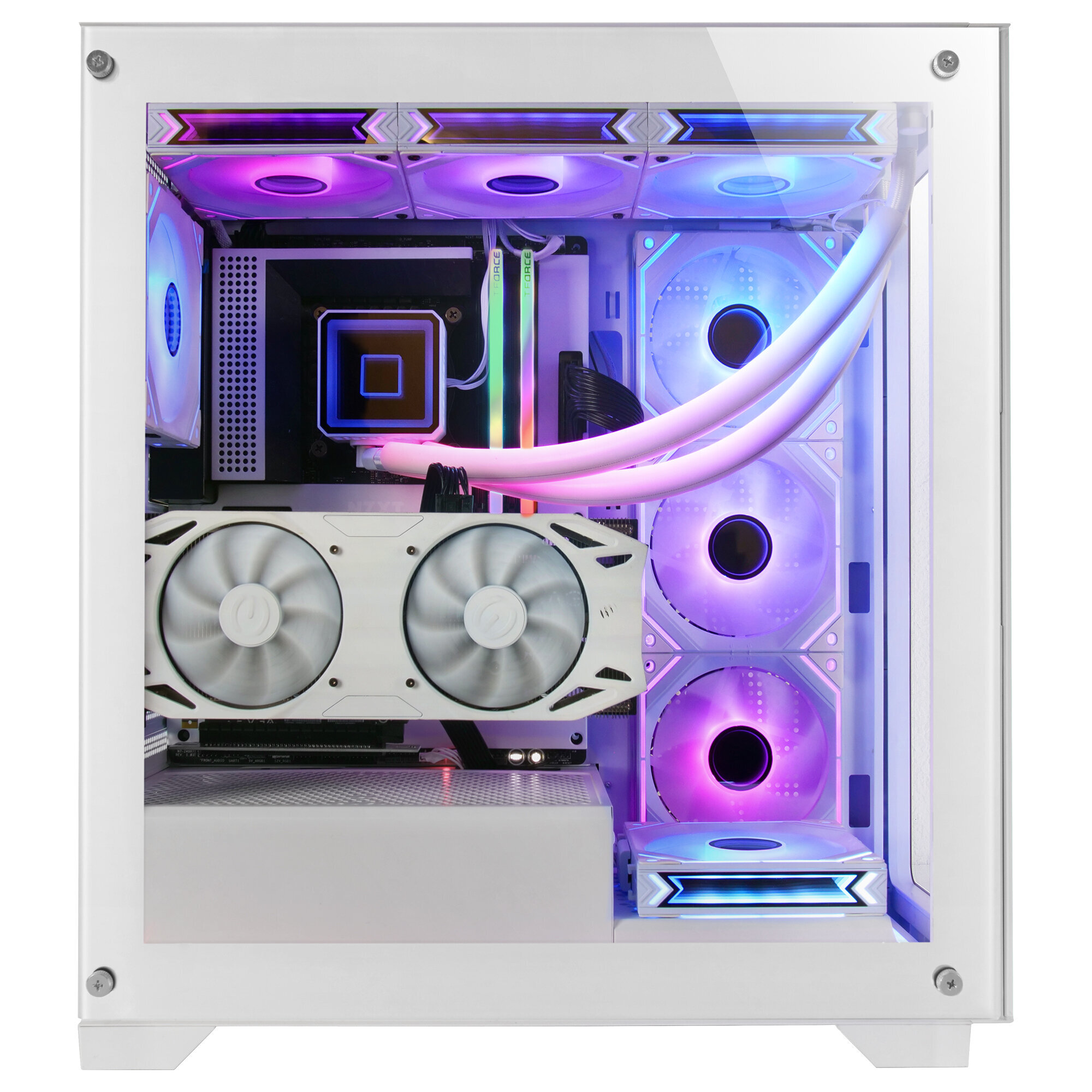 Un case per computer bianco con componenti interni colorati, tra cui ventole e una scheda grafica.