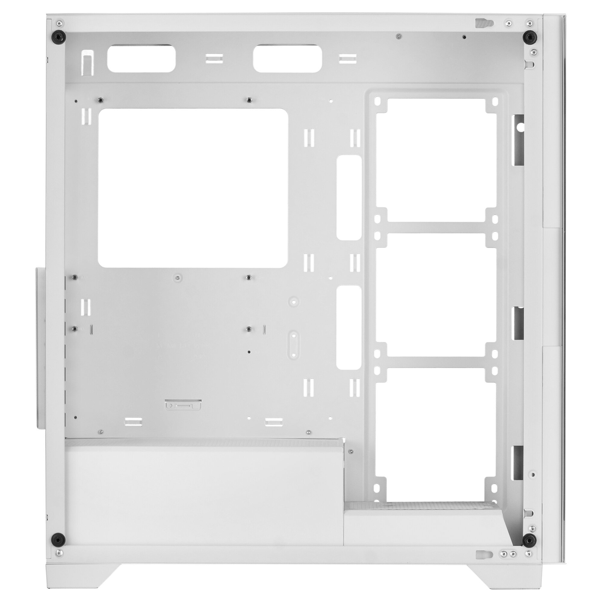 Interno di un case per computer bianco, con scomparti aperti.