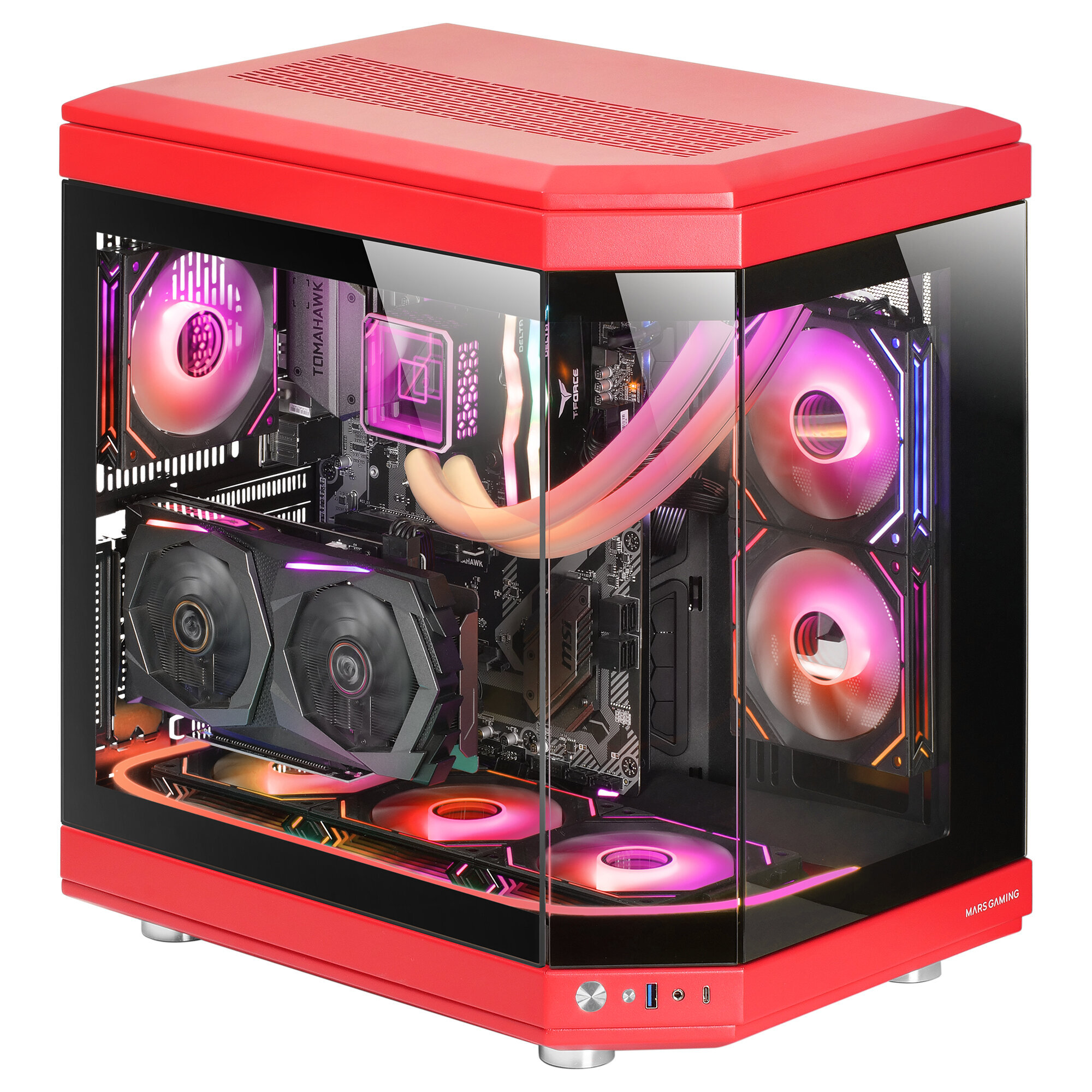 Ein rotes Computergehäuse mit Glasplatten. Das Gehäuse zeigt interne Komponenten mit bunter Beleuchtung.
