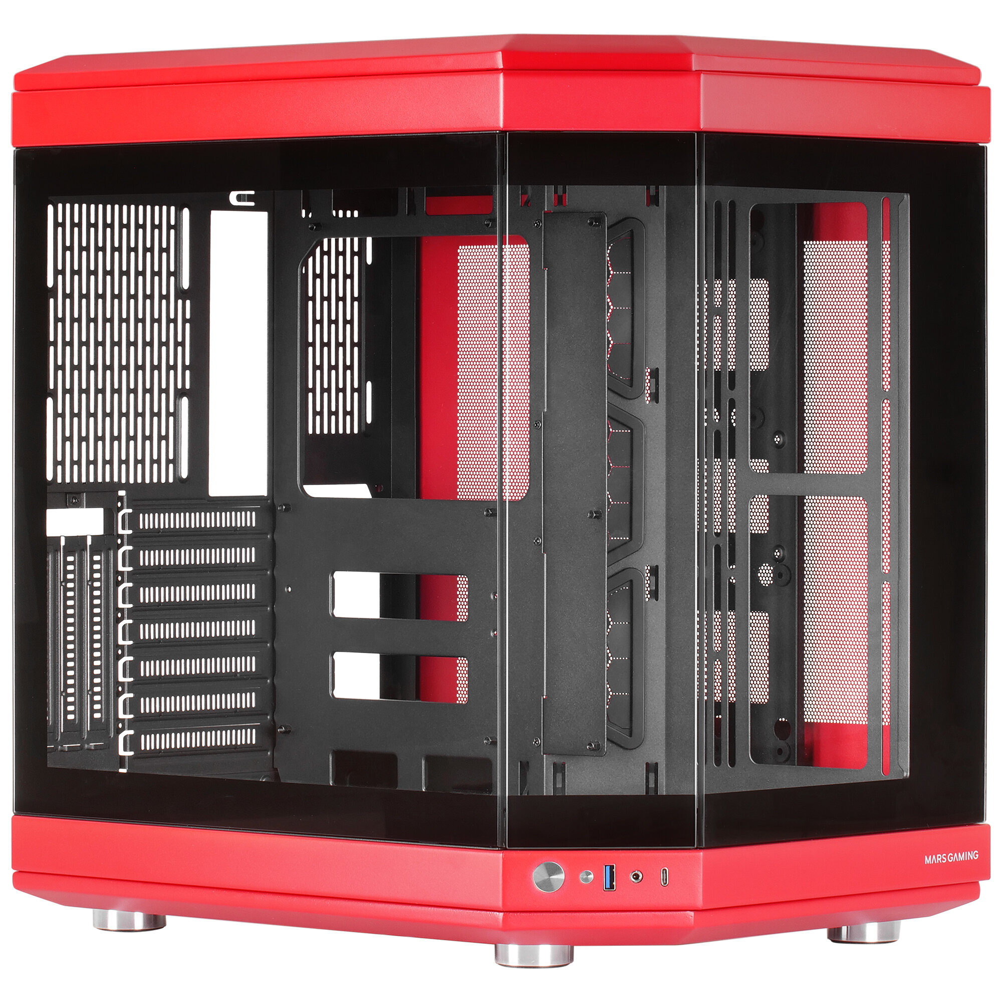 Rotes Computergehäuse mit Glaspanel. Innenraum sichtbar, leer, mit Lüftungen und Komponenten.