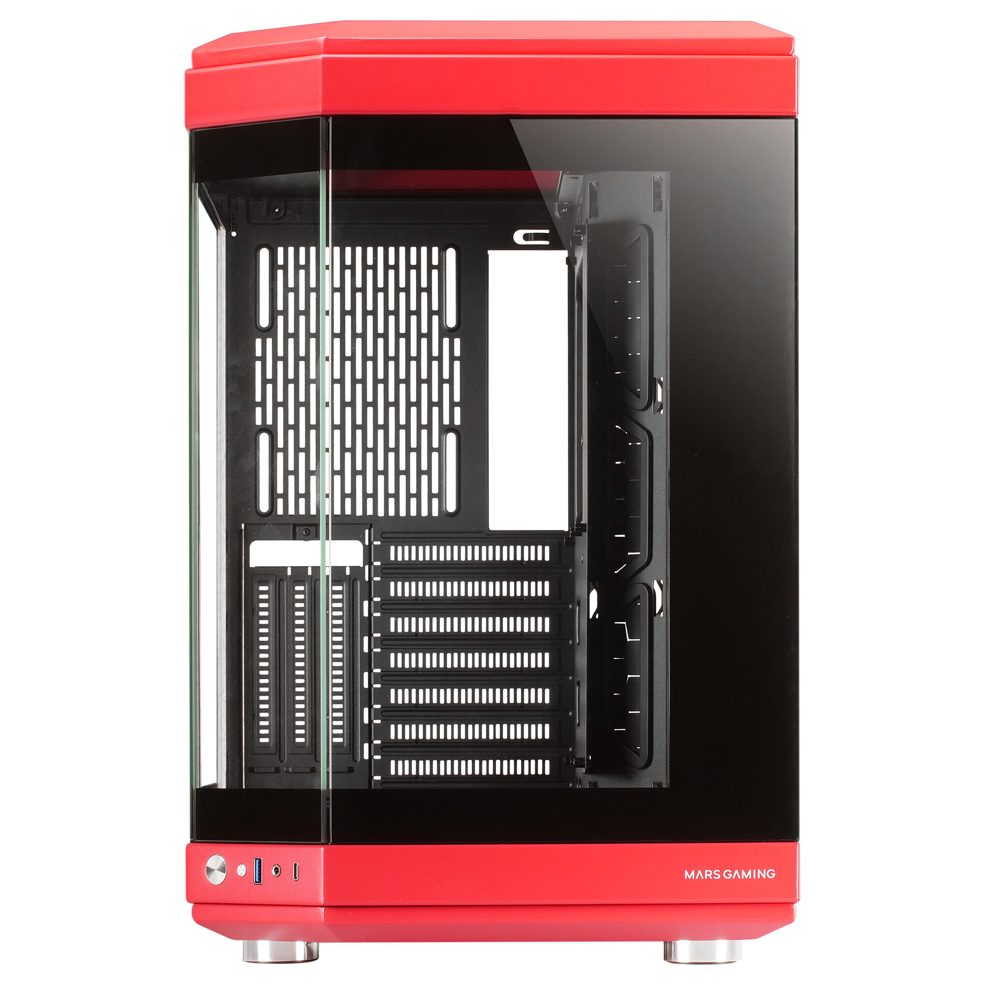 Roter Computer-Tower mit Glasplatte und schwarzem Innenraum. Das Gehäuse hat eine rote Ober- und Seitenverkleidung.