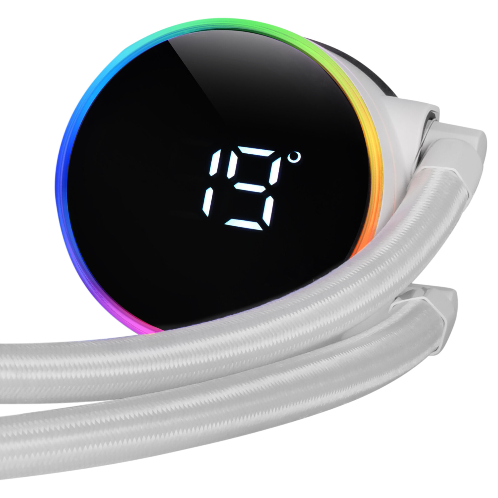 Wyświetlacz cyfrowy pokazujący '19°' na elemencie systemu chłodzenia wodnego.