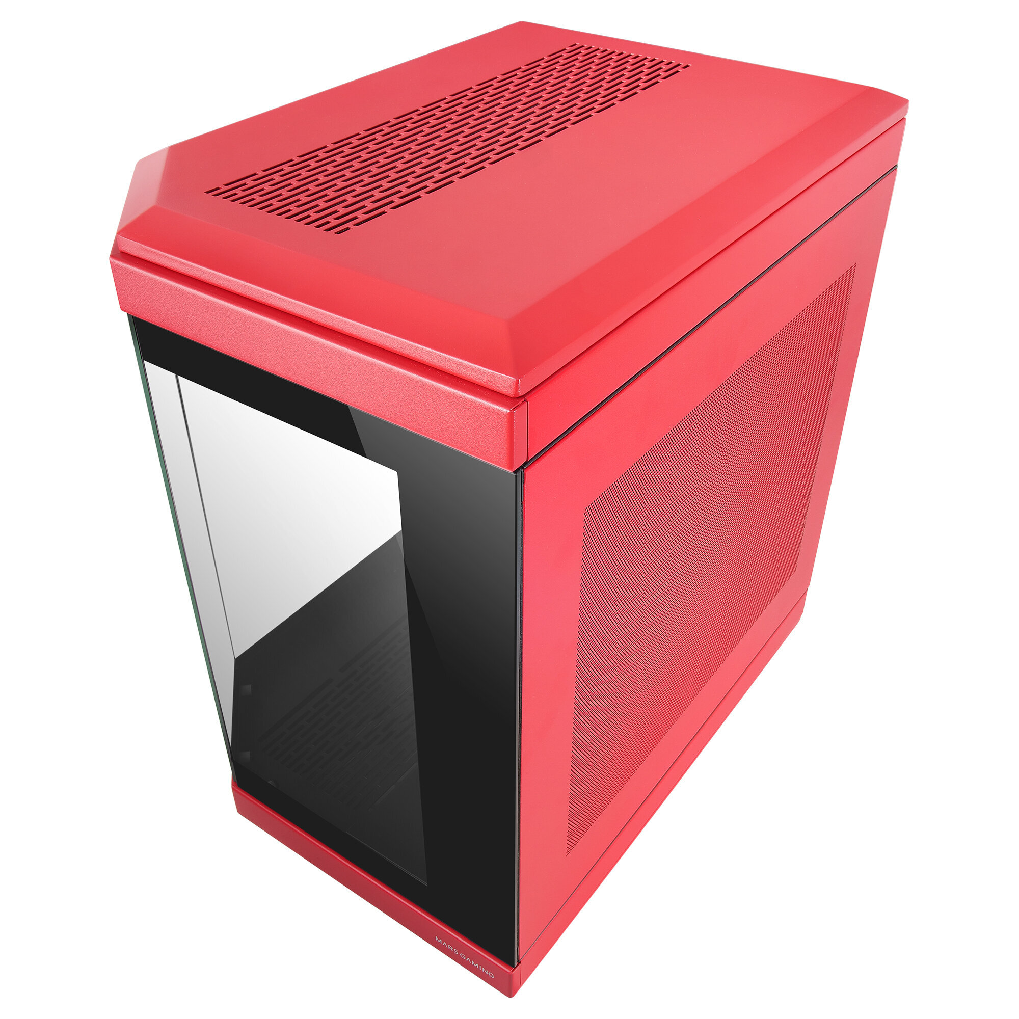 Ein rotes Computergehäuse mit einer Glas-Seitenwand, das seine internen Komponenten zeigt, vor weißem Hintergrund.