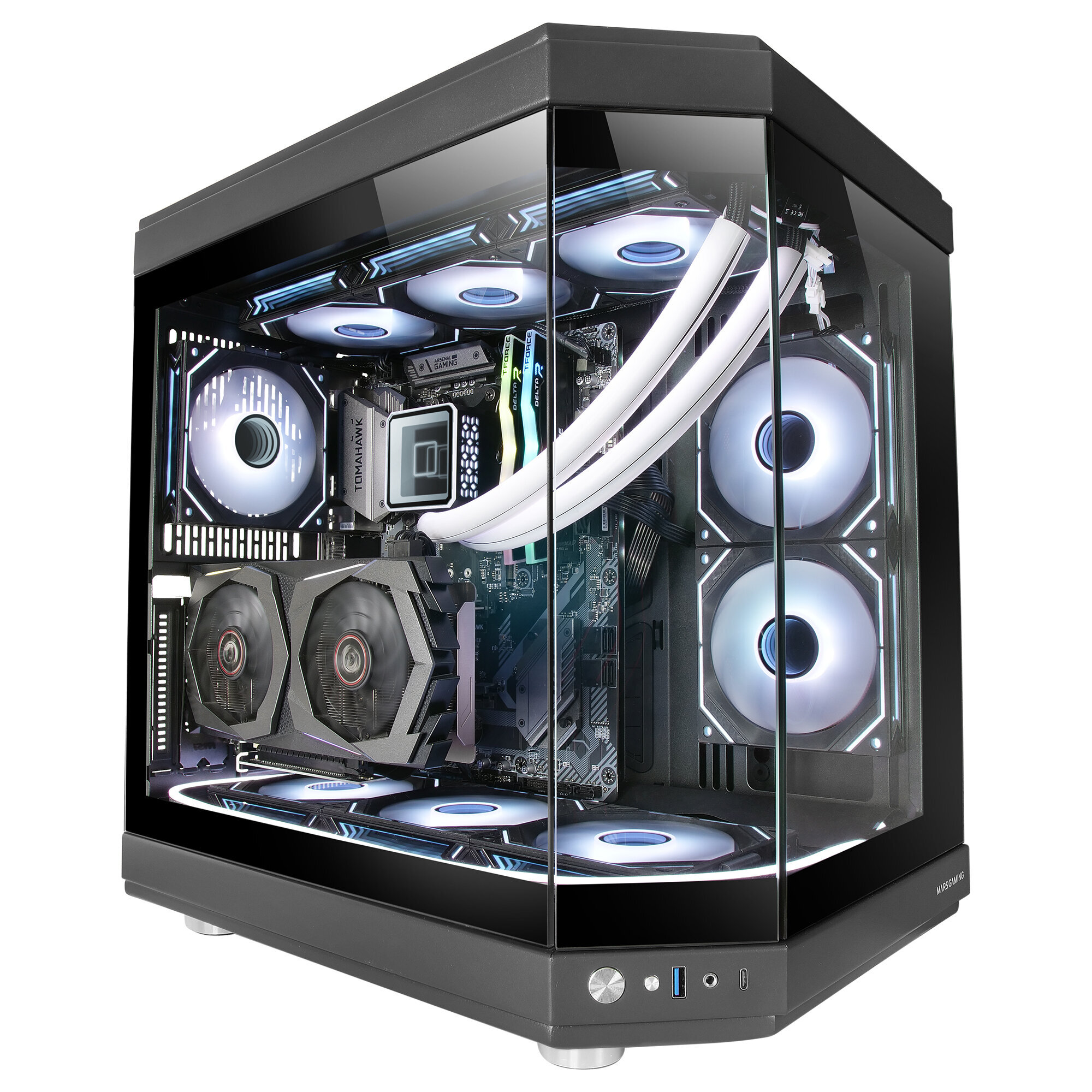 Carcasa de PC negra con paneles de vidrio que muestran componentes internos, incluyendo ventiladores y sistema de enfriamiento.