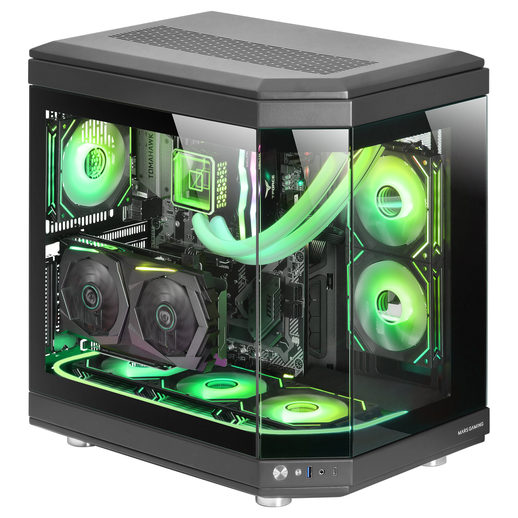 Caja de ordenador gaming con paneles de vidrio. Interior iluminado con luces verdes, componentes visibles.
